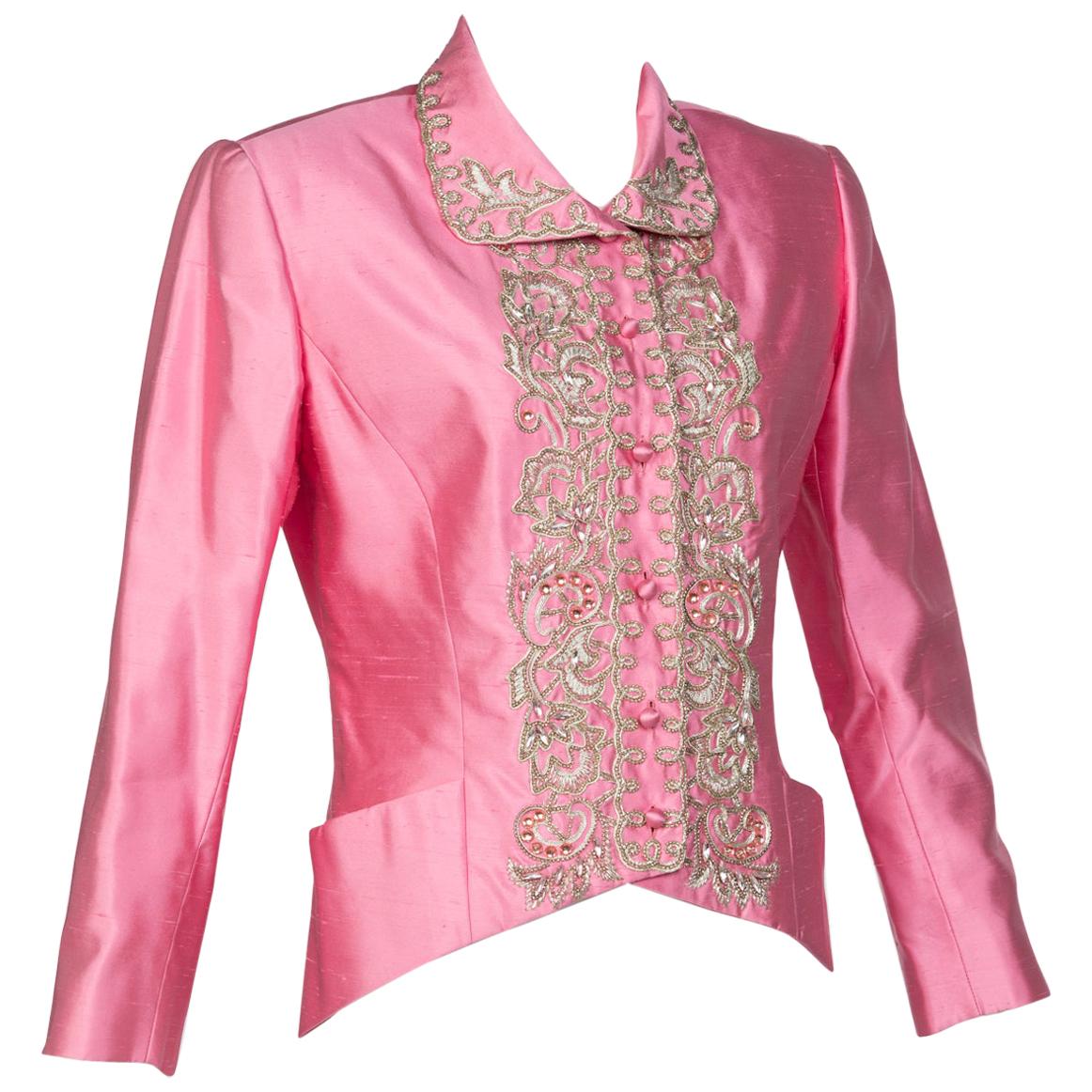 Vintage Chloé Pink Silk Shantung Embroidered Beaded Skirt Suit For Sale