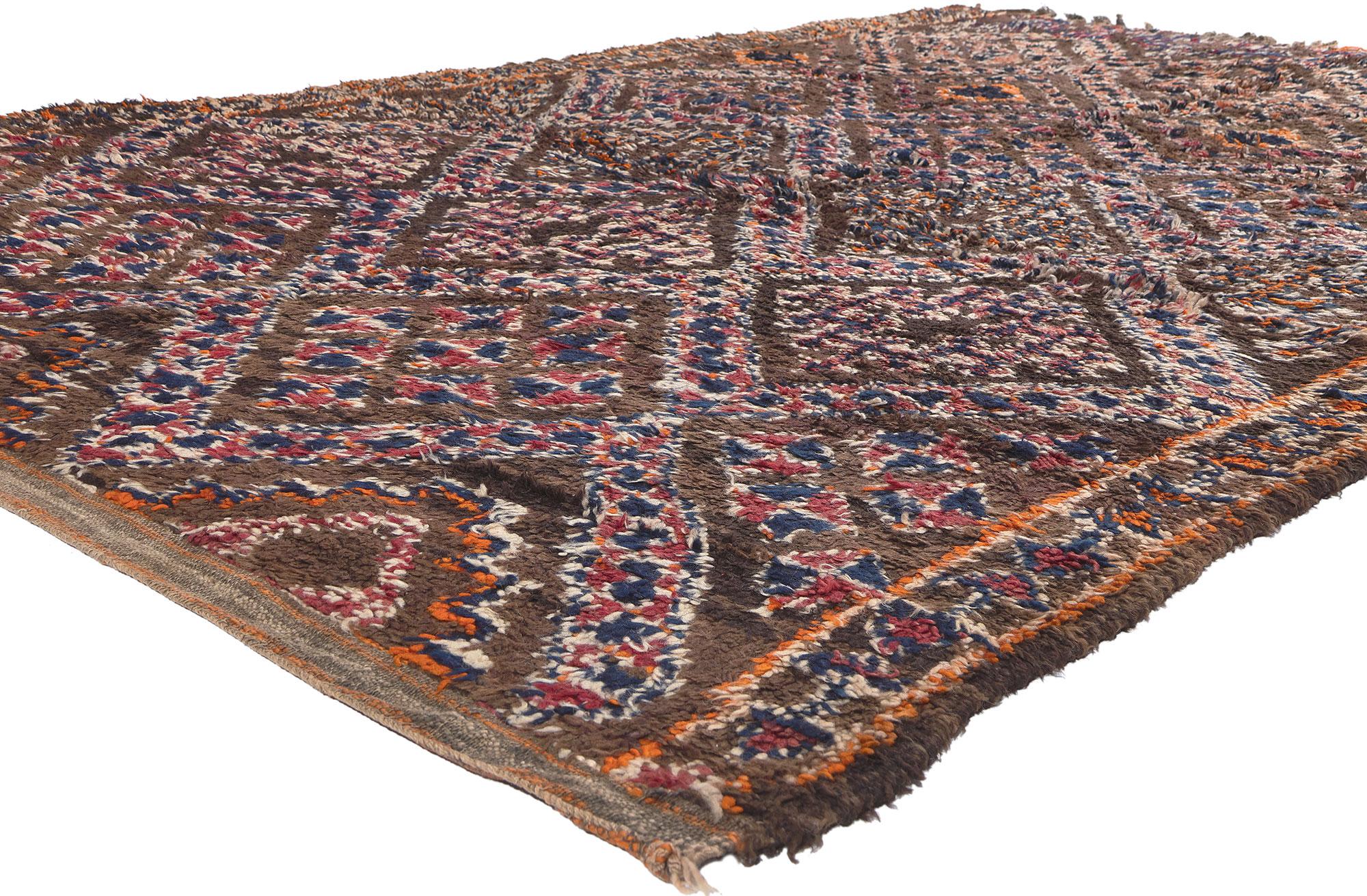 21024 Vintage Brown Beni MGuild Moroccan Rug, 06'05 x 11'00. Prepare for a mesmerizing adventure whisked away by the warm embrace of this hand knotted wool vintage Beni MGuild Moroccan rug. This enchanting Berber carpet will transport you to a world