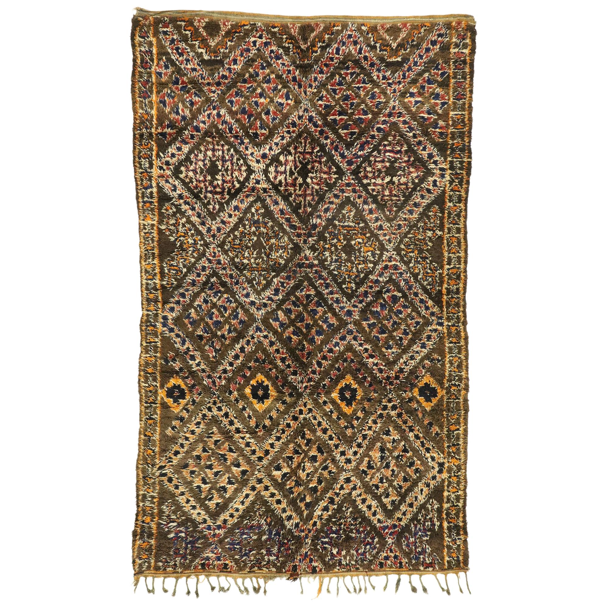 Vintage Chocolate Brown Beni M'Guild Moroccan Rug with Mid-Century Modern Style