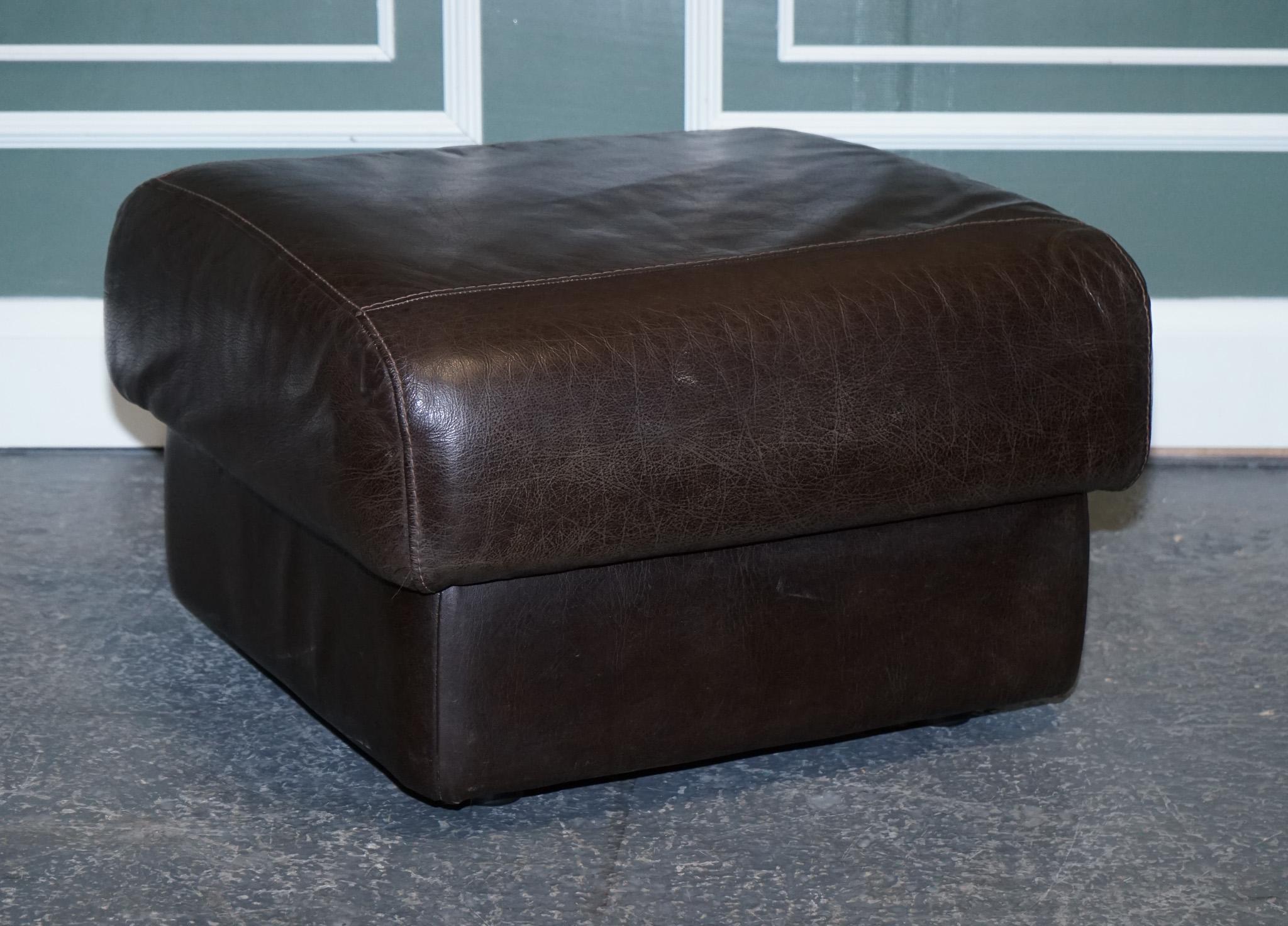 British Vintage Chocolate Brown Leather Footstool, '1/2' For Sale