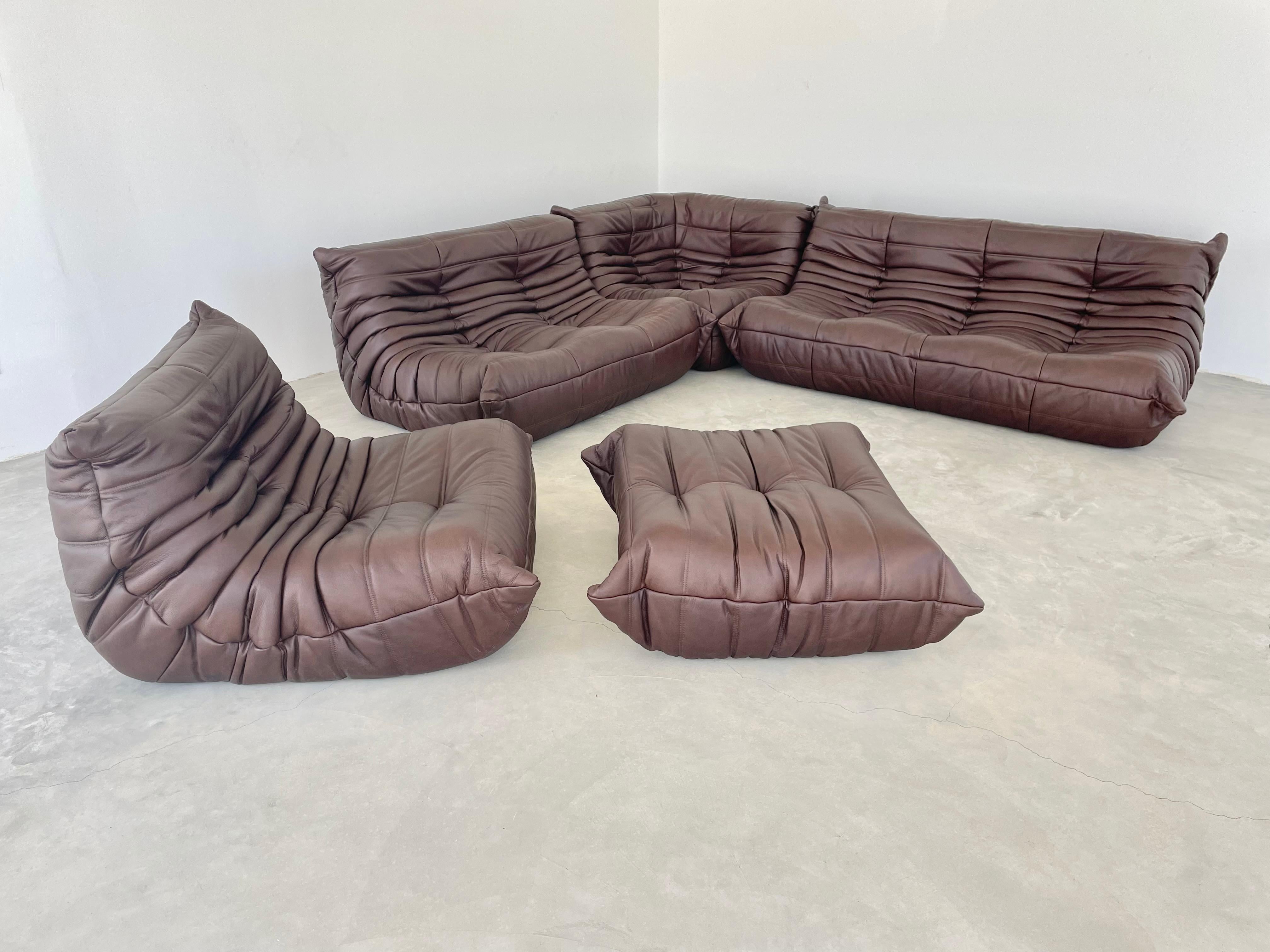 French Chocolate Brown Leather Togo Set by Ligne Roset, 1990s France For Sale