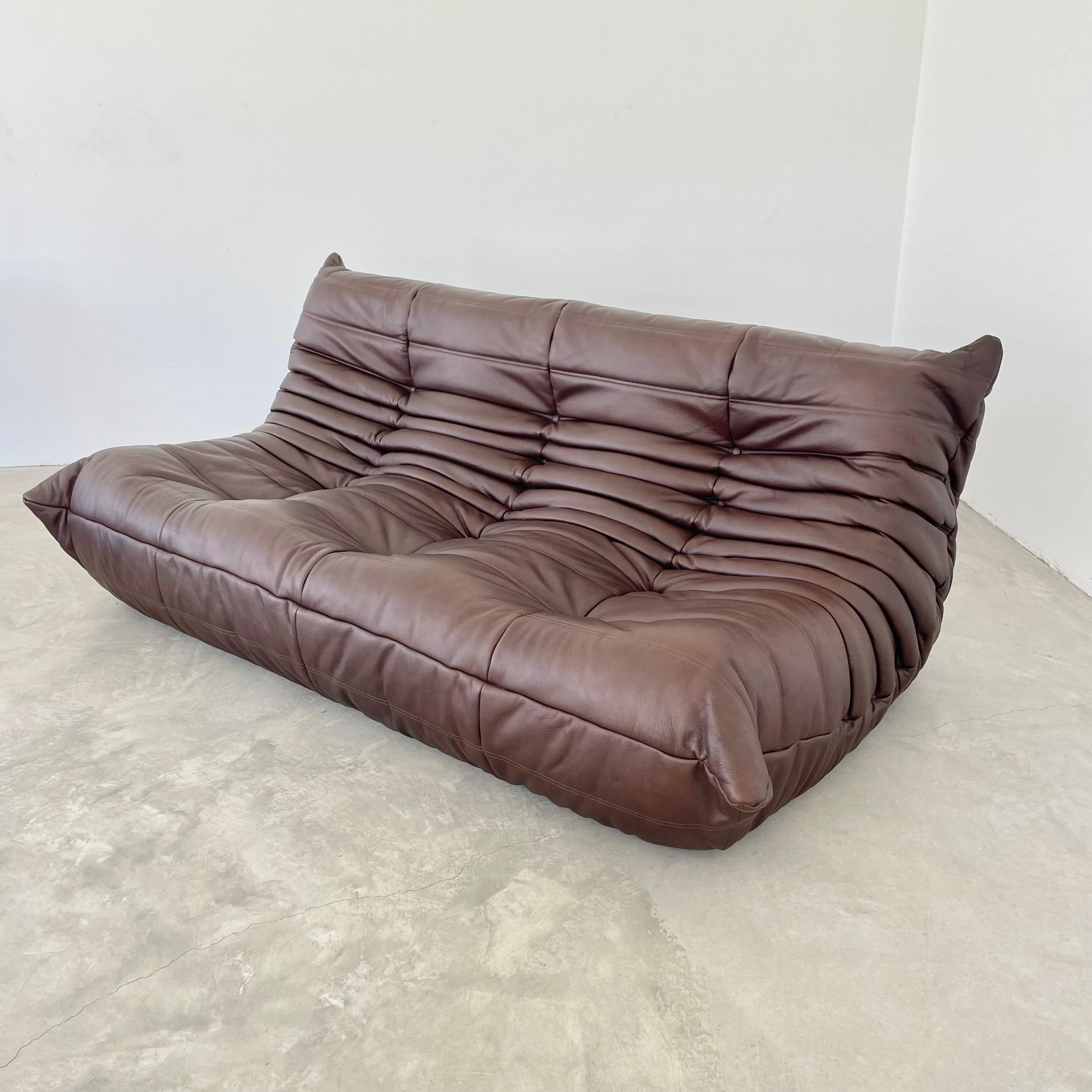 Chocolate Brown Leather Togo Set by Ligne Roset, 1990s France In Good Condition For Sale In Los Angeles, CA