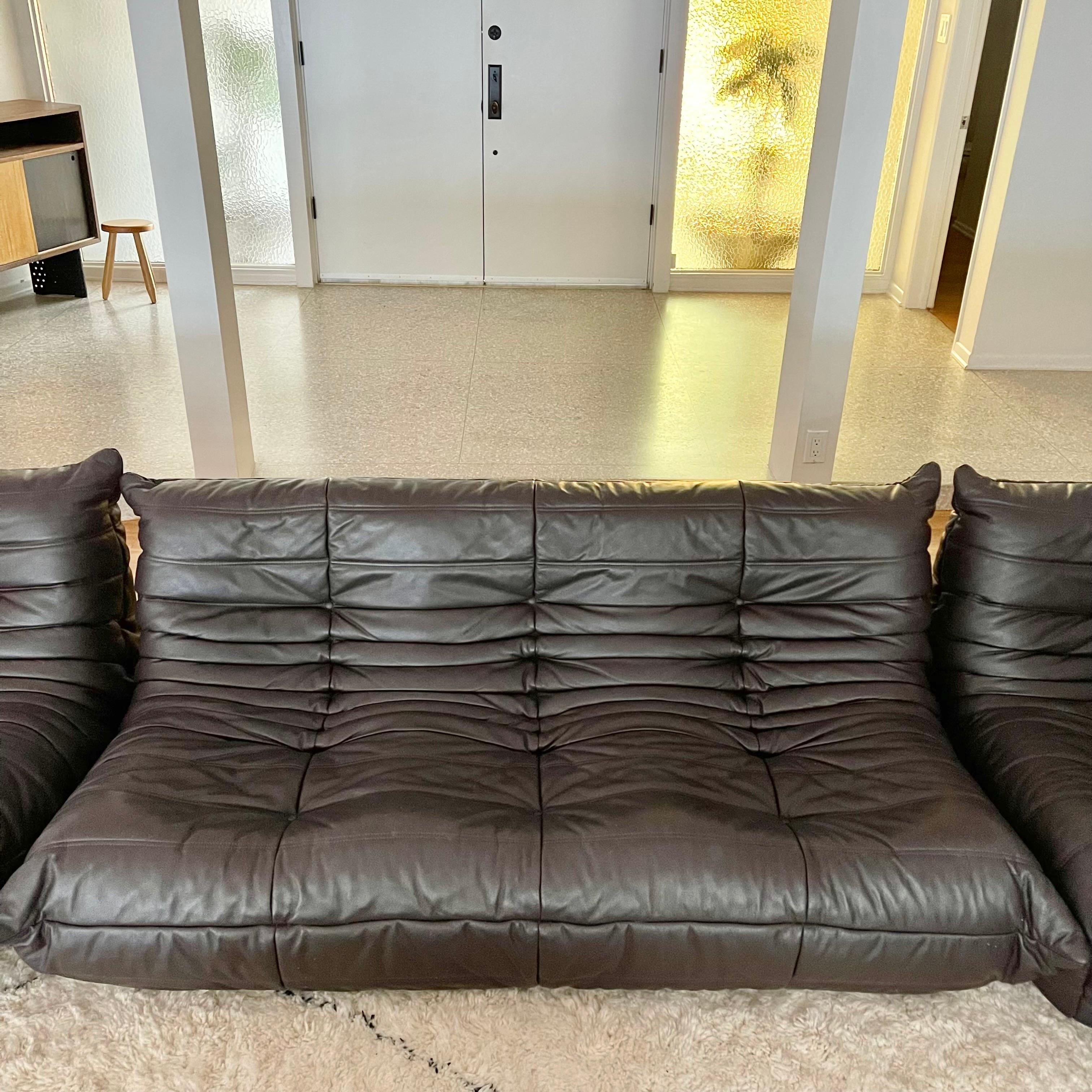 Dark Brown Leather Togo Set by Ligne Roset, 1980s France In Good Condition For Sale In Los Angeles, CA
