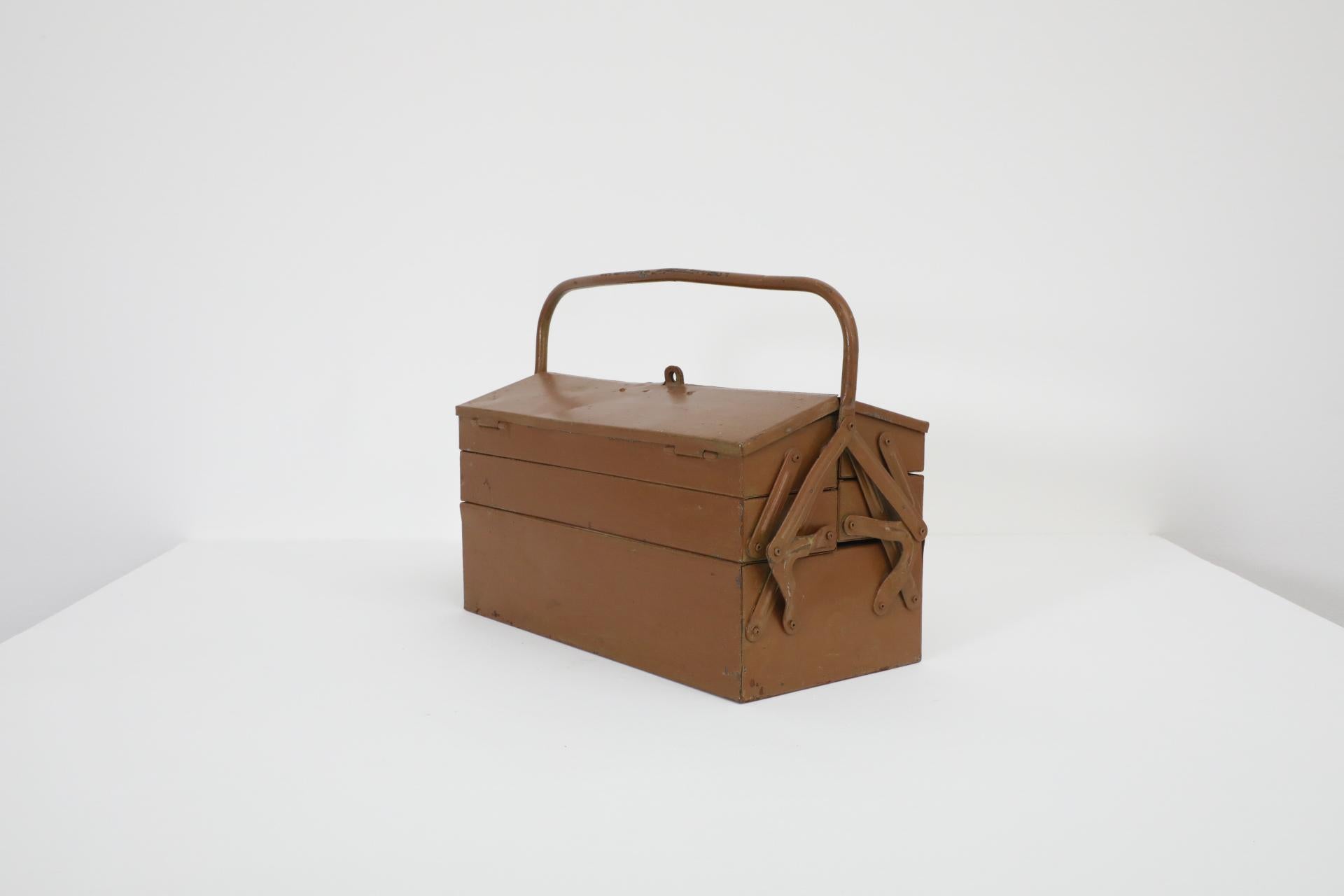 Vintage Chocolate Brown Metal Tool or Tackle Box For Sale 4