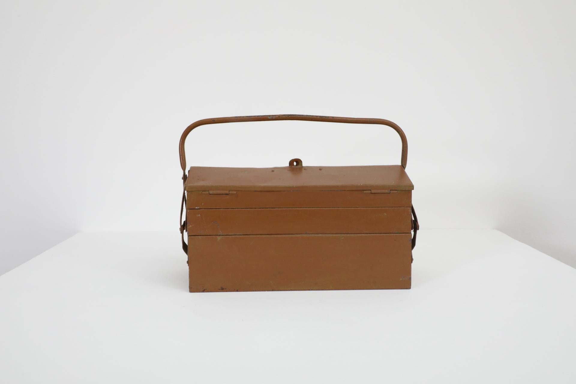 Vintage Chocolate Brown Metal Tool or Tackle Box For Sale 5