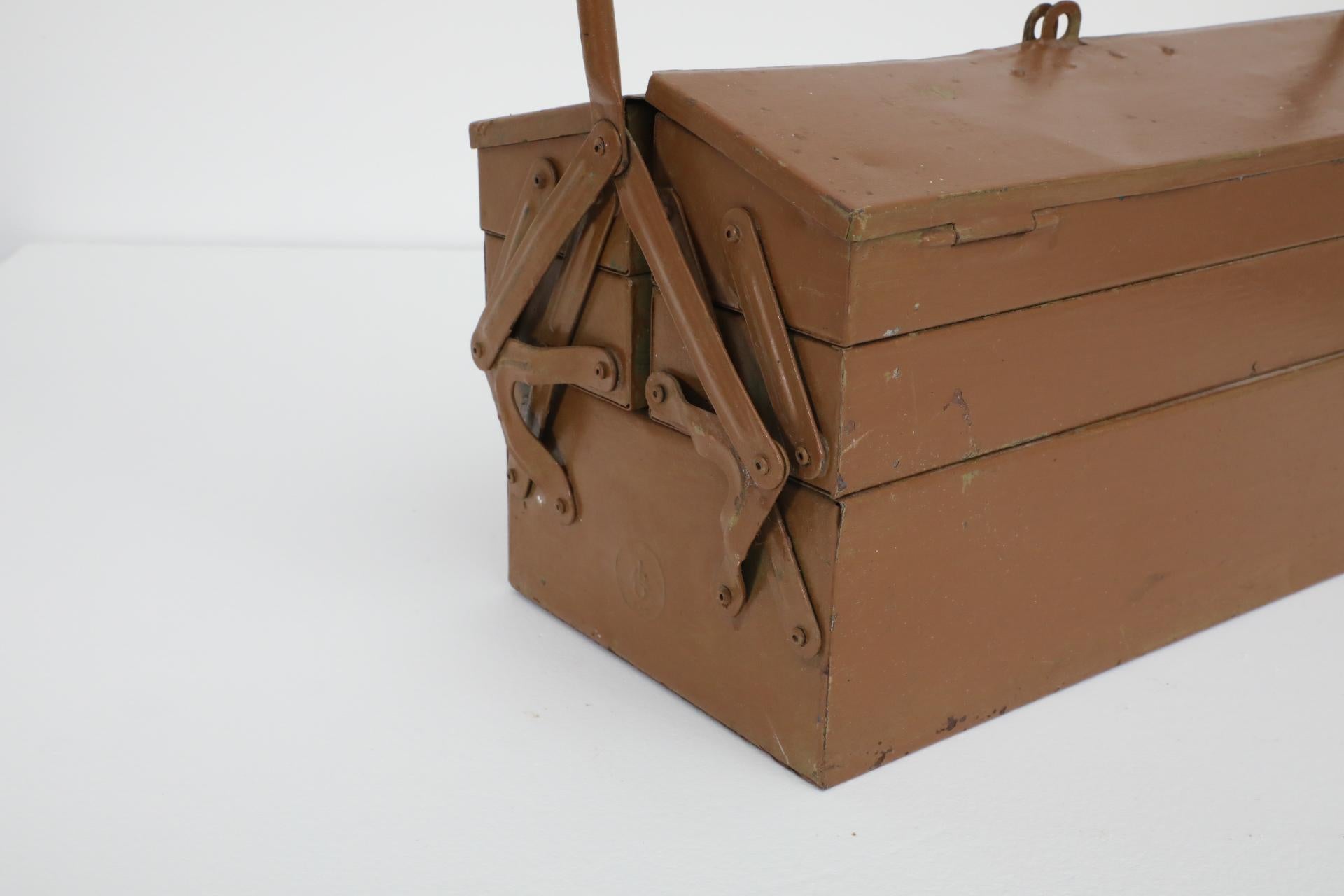 Vintage Chocolate Brown Metal Tool or Tackle Box For Sale 7