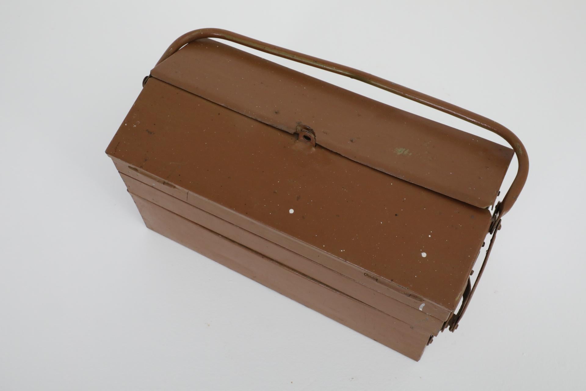 Vintage Chocolate Brown Metal Tool or Tackle Box For Sale 10