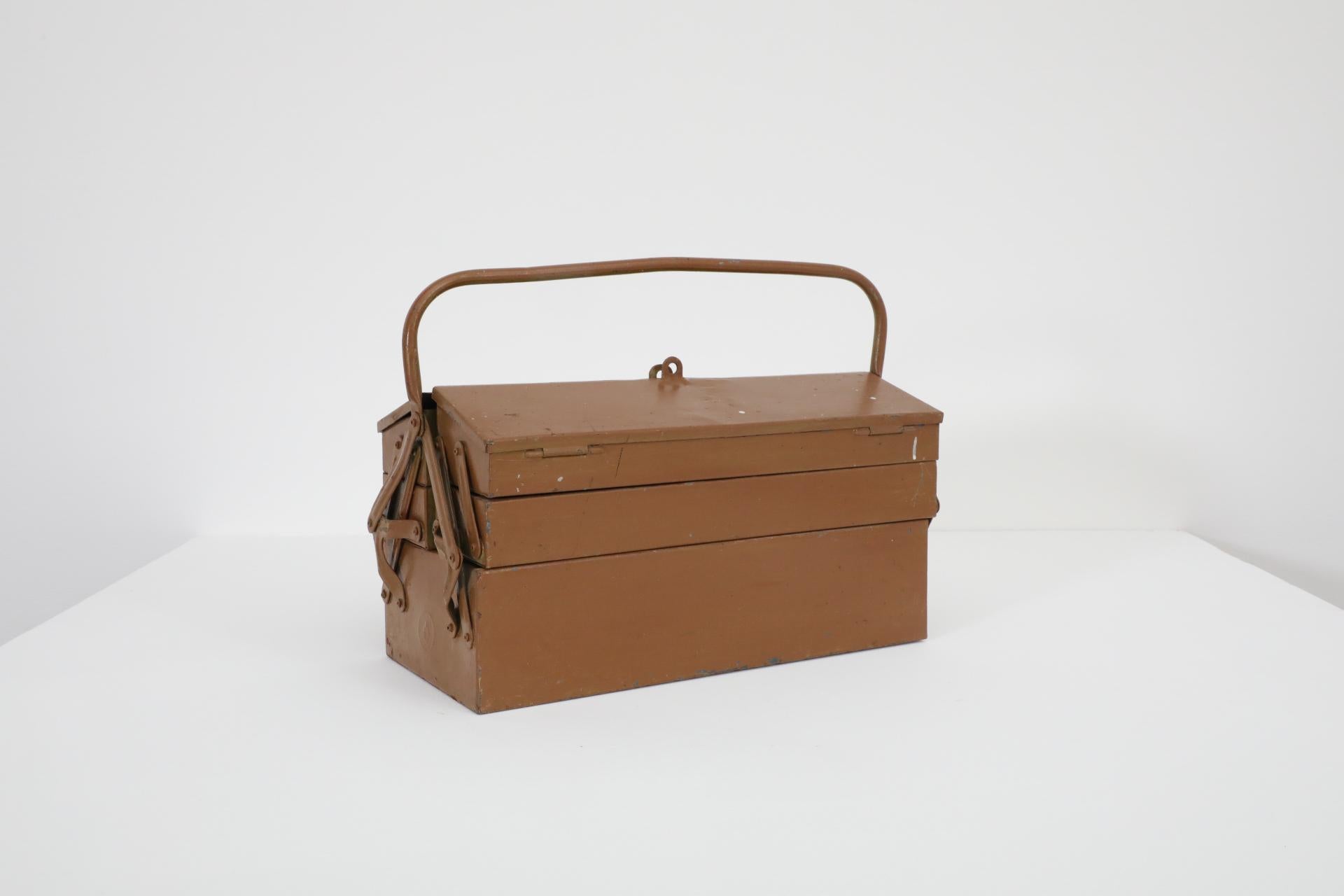 German Vintage Chocolate Brown Metal Tool or Tackle Box For Sale