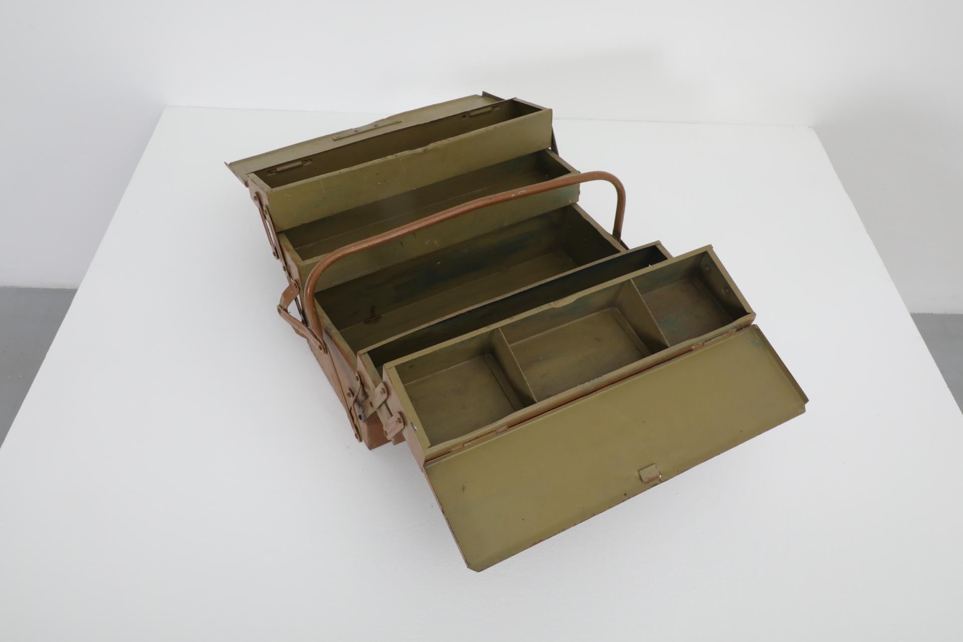 20th Century Vintage Chocolate Brown Metal Tool or Tackle Box For Sale