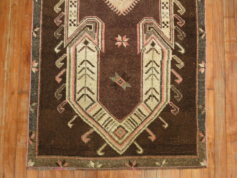 Vintage Chocolate Brown Tribal Turkish Prayer Rug For Sale at 1stDibs