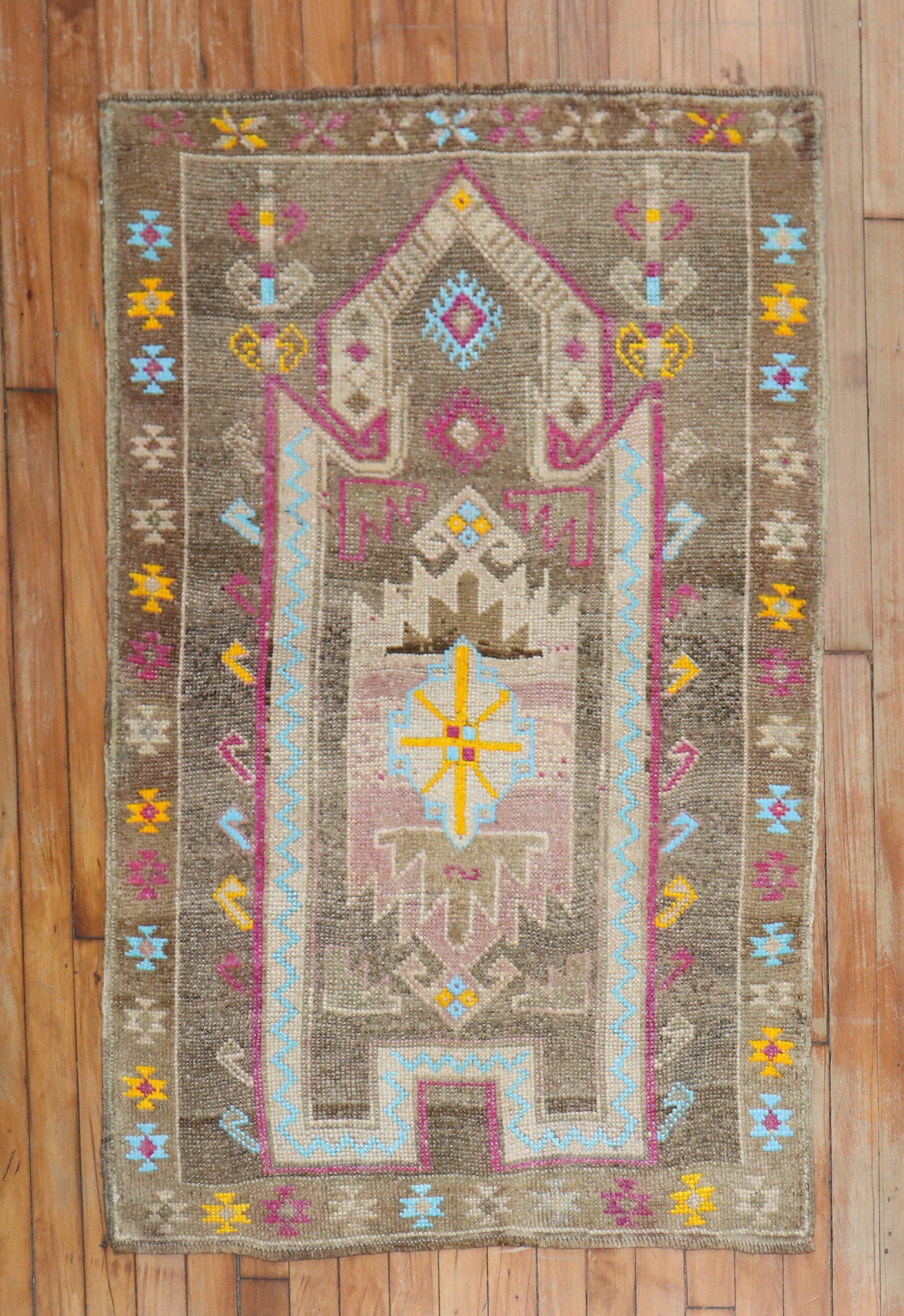 Hand-Knotted Vintage Chocolate Brown Tribal Turkish Prayer Rug For Sale