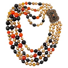 Vintage Chocolate Orange Beaded Necklace with Statement Clasp 1980s