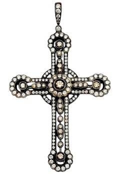 Vintage Chocolate & White Diamond Large Cross Pendant White Gold & Black Rhodium