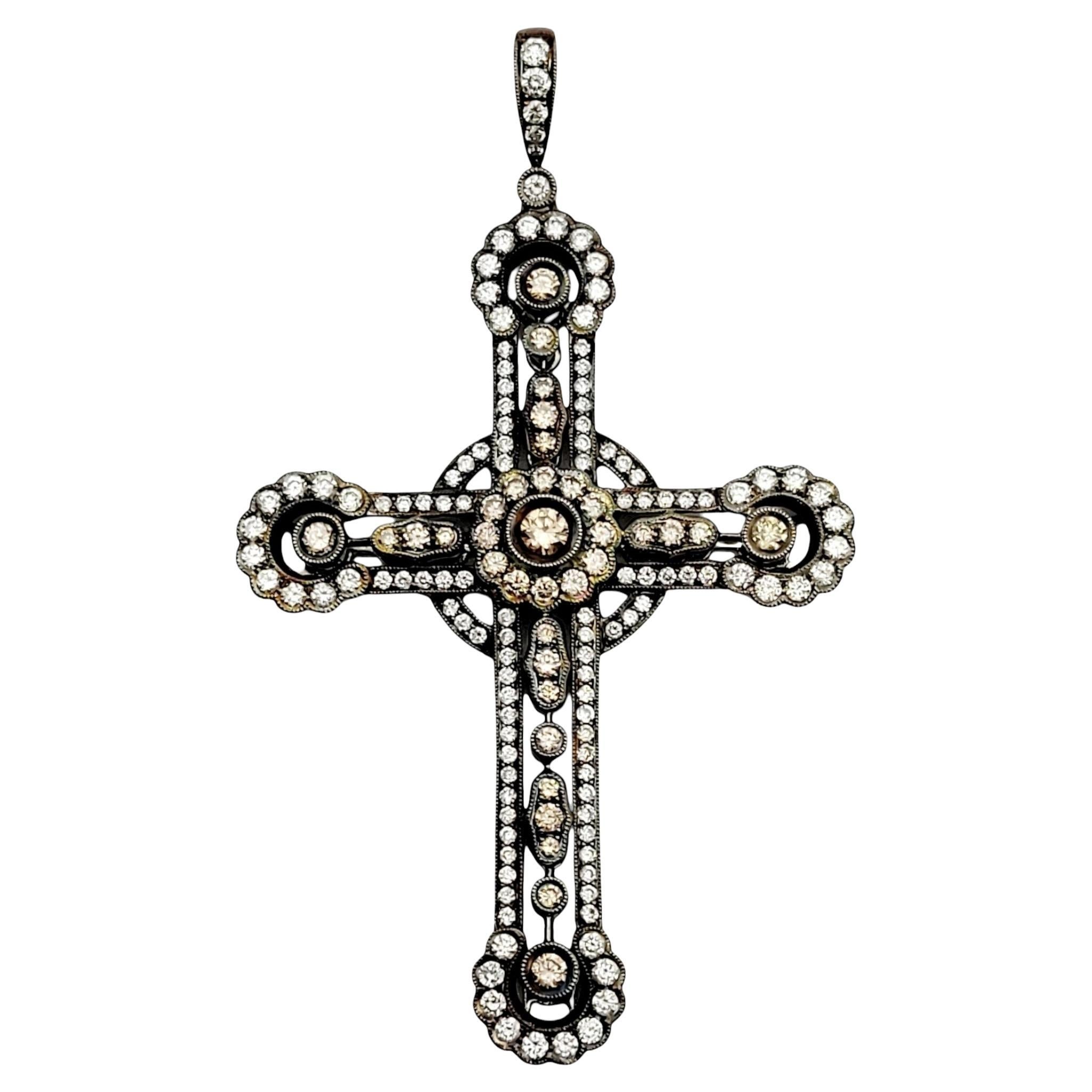 Vintage Chocolate & White Diamond XL Cross Pendant in White Gold & Black Rhodium For Sale