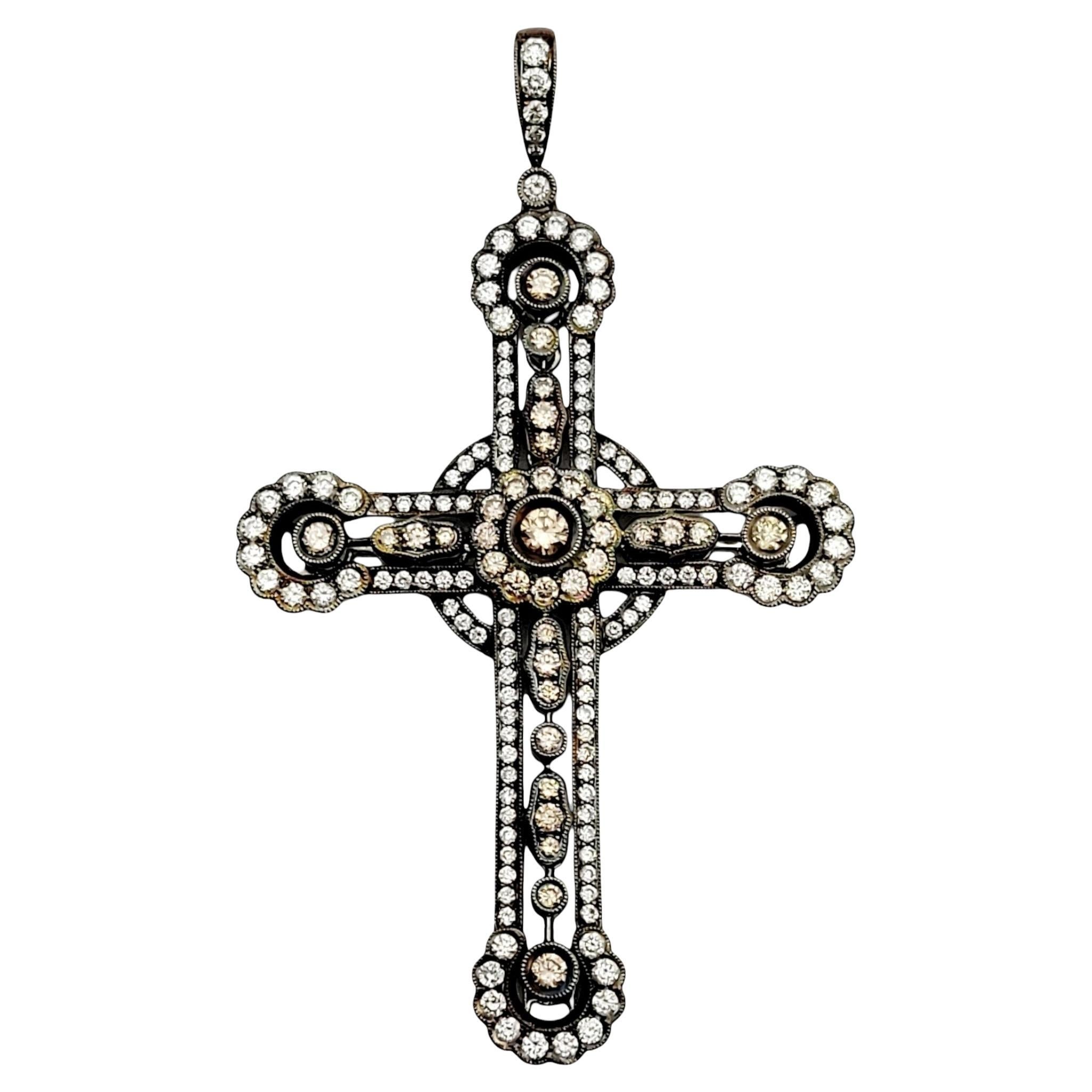 Vintage Chocolate & White Diamond XL Cross Pendant in White Gold & Black Rhodium