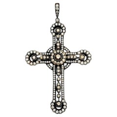 Pendentif croix XL en or blanc et rhodium noir, chocolat et diamant blanc vintage