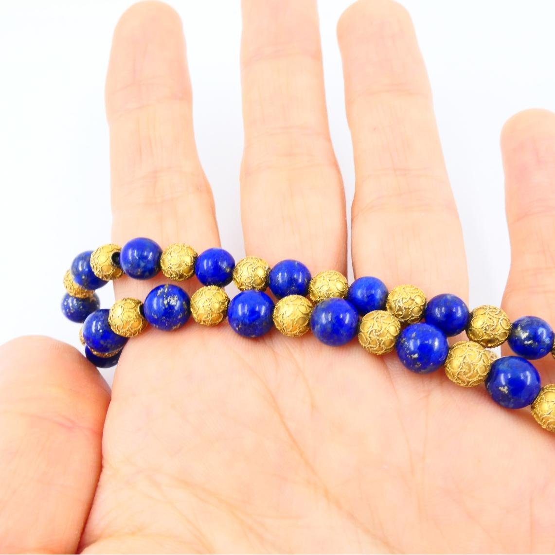 Collana girocollo vintage in oro 14k con perline di Lapislazzuli in vendita 2