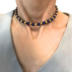 Vintage Choker Necklace 14k Textured Gold Lapis Lazuli Beads