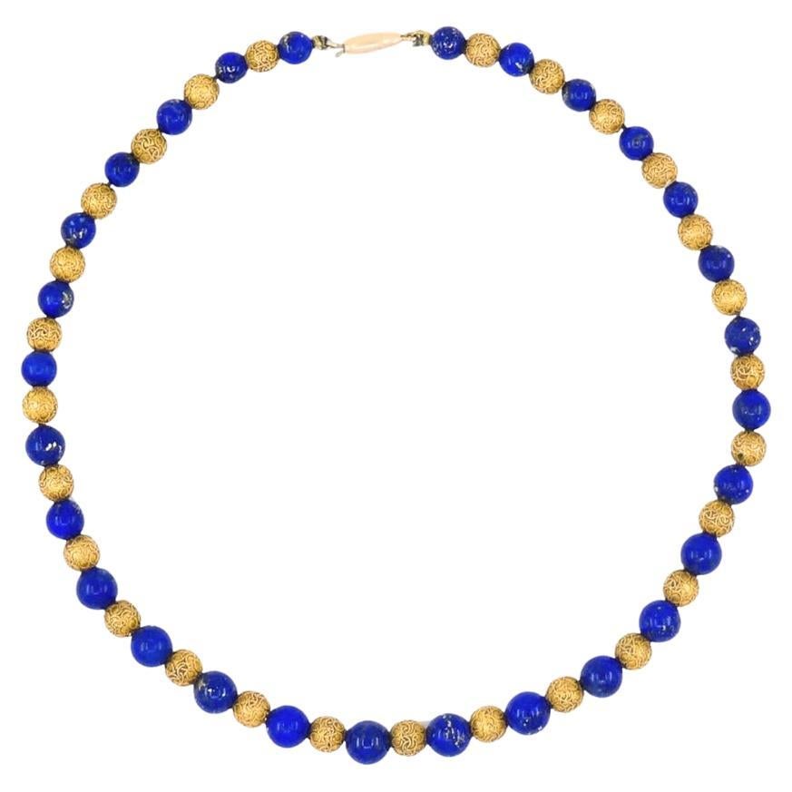 Vintage Choker Necklace 14k Textured Gold Lapis Lazuli Beads