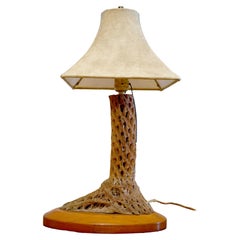 Lampe de bureau vintage en bois de cholla sur socle en érable avec abat-jour d'origine