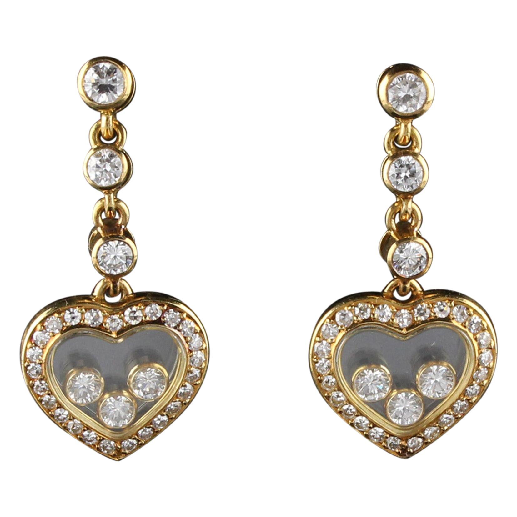 Vintage Chopard 18 Karat Yellow Gold Happy Diamonds Heart Earrings