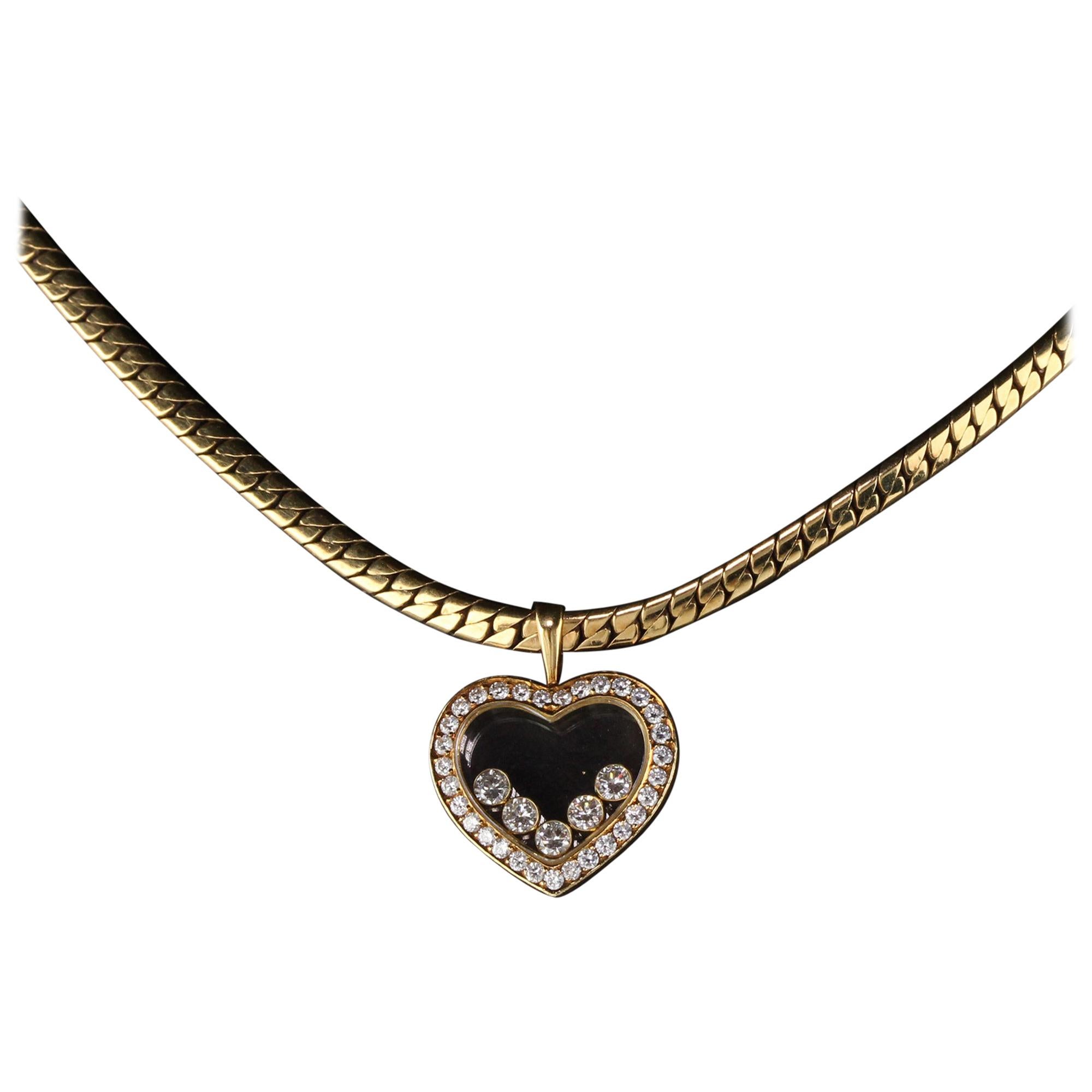 Vintage Chopard 18 Karat Yellow Gold Happy Diamonds Heart Necklace