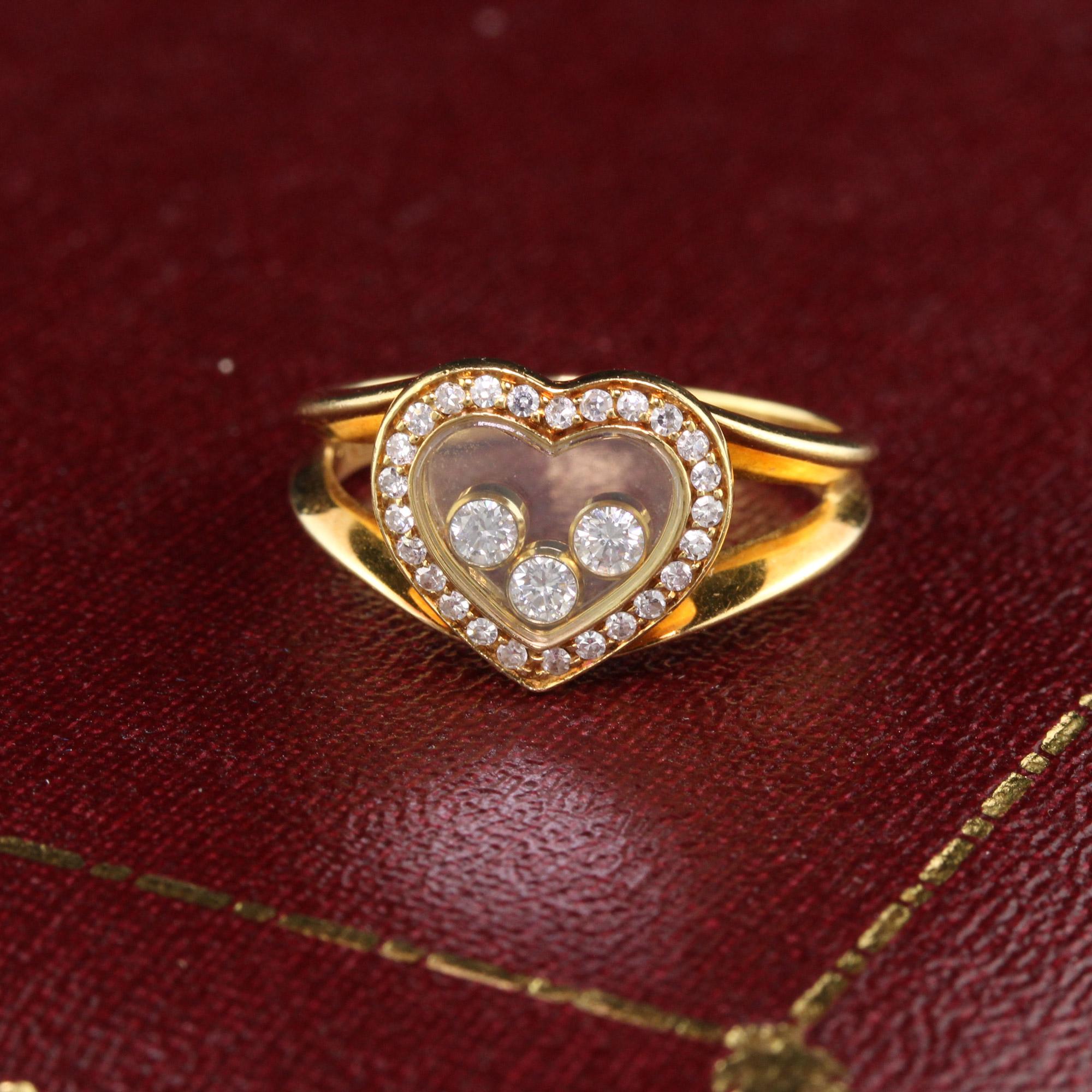 Gorgeous Chopard heart ring with diamonds in and on the heart  

#R0404

Metal: 18K Yellow Gold

Weight: 5.1 Grams

Ring Size: 6.75

*Unfortunately this ring cannot be sized.

Measurements: 10.8 mm

Measurement from finger to top of ring: 3.6 mm