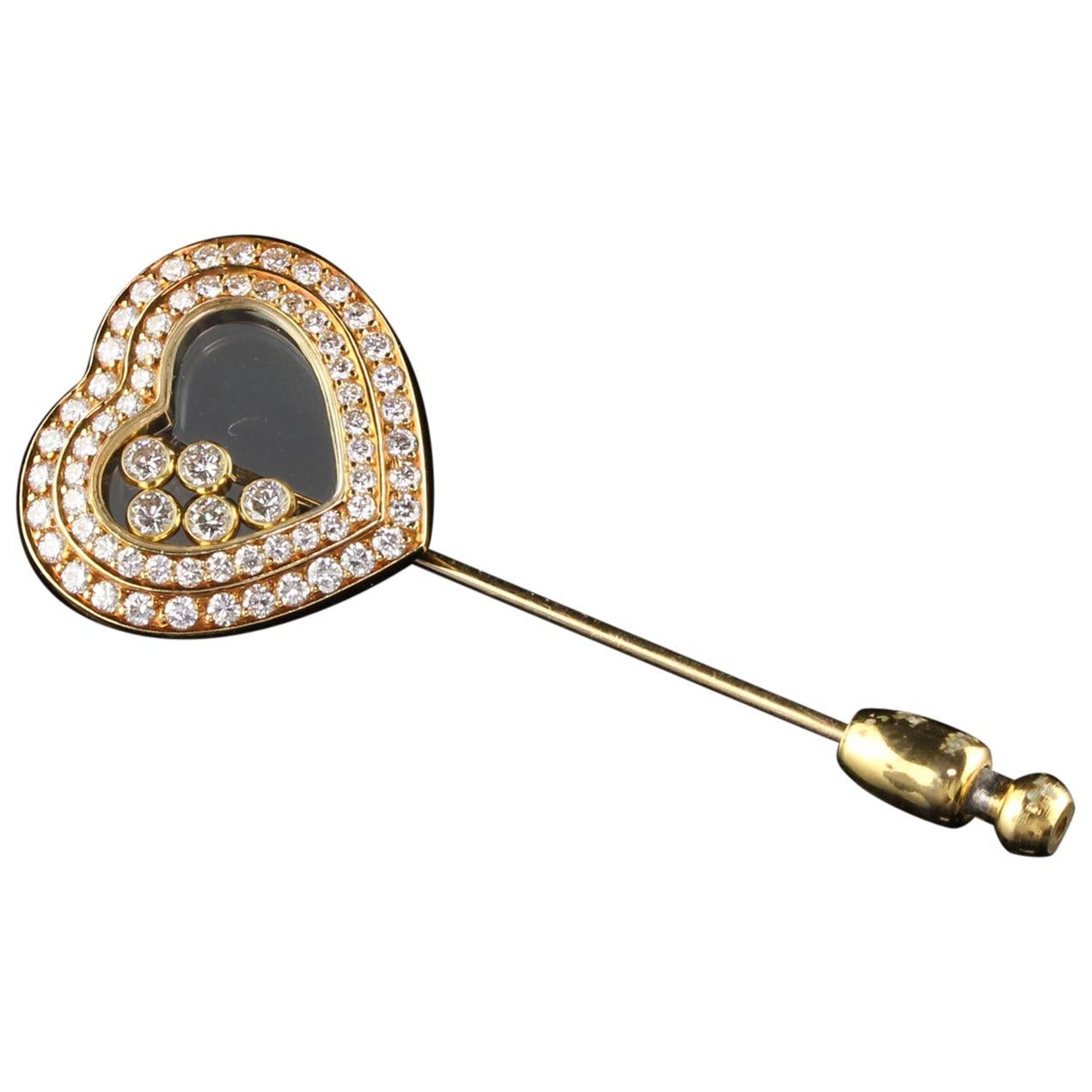 Vintage Chopard 18 Karat Yellow Gold Happy Diamonds Heart Stick Pin For Sale