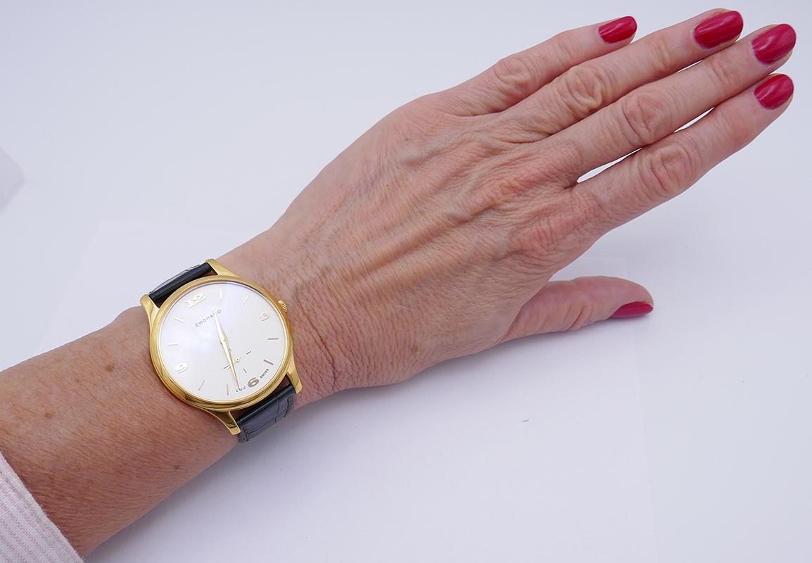 Vintage Chopard 18k Yellow Gold Wristwatch L.U.C Leather Strap Estate Jewelry For Sale 4