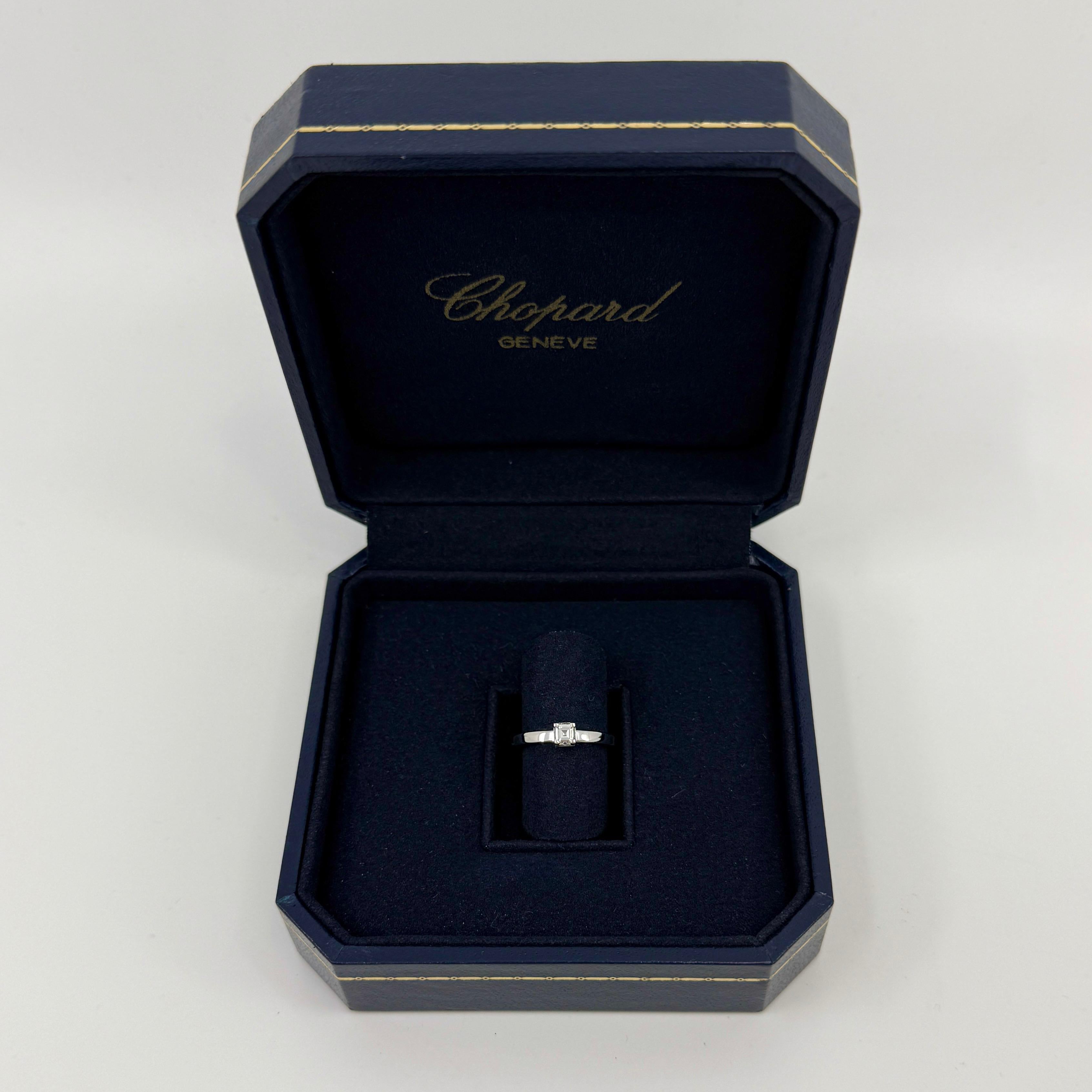 Rare Vintage Chopard Natural Asscher Cut Diamond 18k White Gold Hidden Halo Ring. 

This beautiful ring features a claw set 3.5mm centre Asscher cut natural diamond of the highest quality. Appro. 0.30 carat. VVS clarity and D-F colour. Accented by