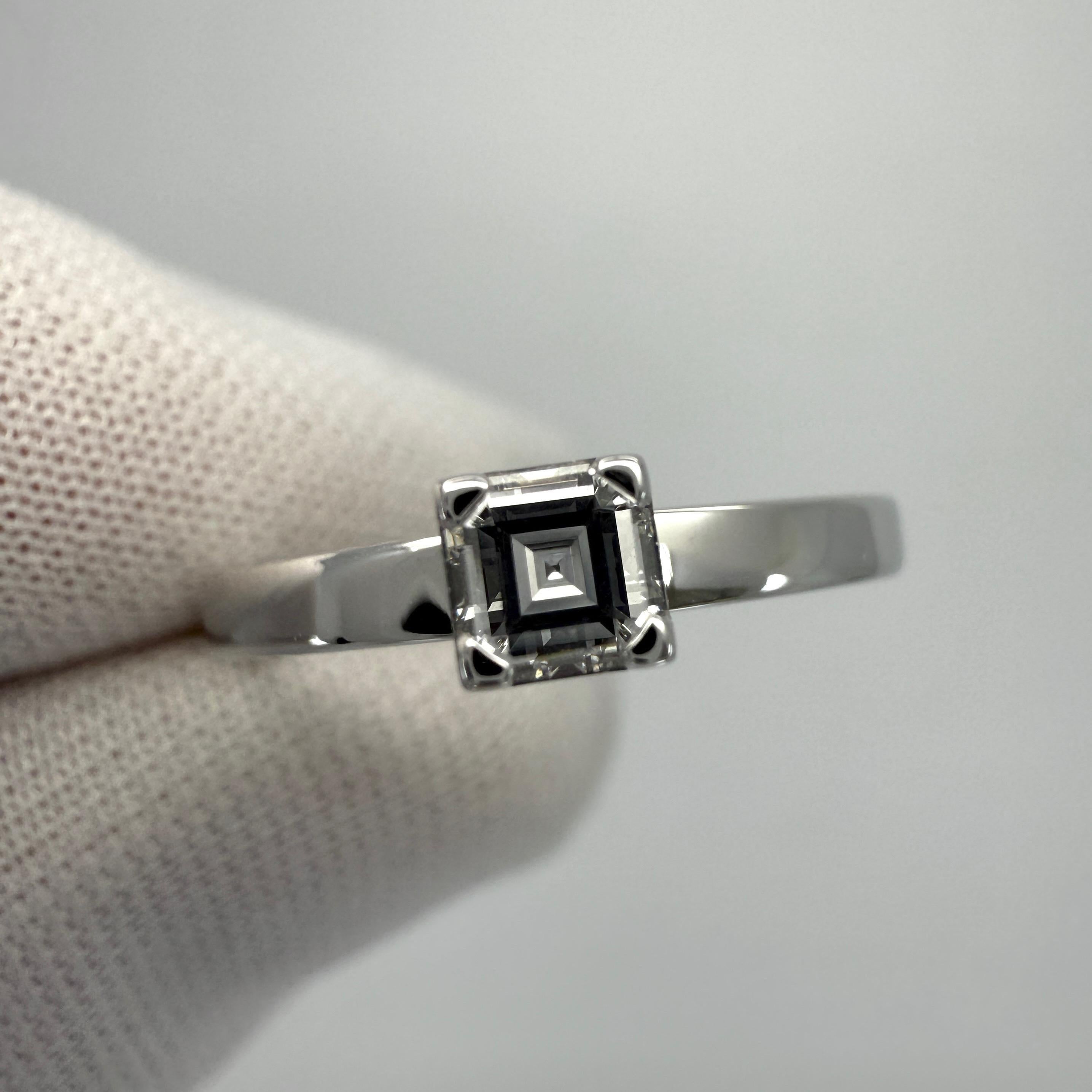 Vintage Chopard Asscher Cut Diamond Hidden Halo 18k White Gold Solitaire Ring In Excellent Condition For Sale In Birmingham, GB