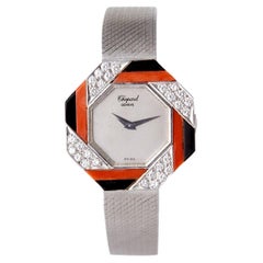 Vintage Chopard Diamond Coral Onyx 18k White Gold Wristwatch