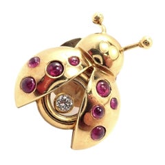 Vintage Chopard Happy Lady Bug Ruby Diamond Yellow Gold Brooch Pin Tie Tack