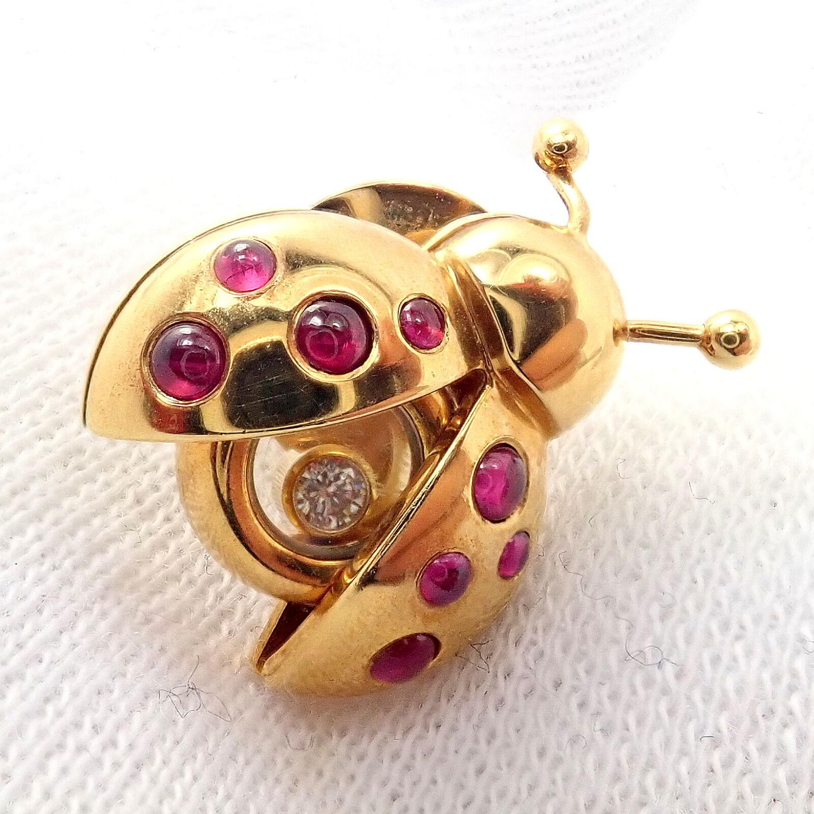 Vintage Chopard Happy Lady Bug Ruby Diamond Yellow Gold Brooch Pin Tie Tack In Excellent Condition In Holland, PA