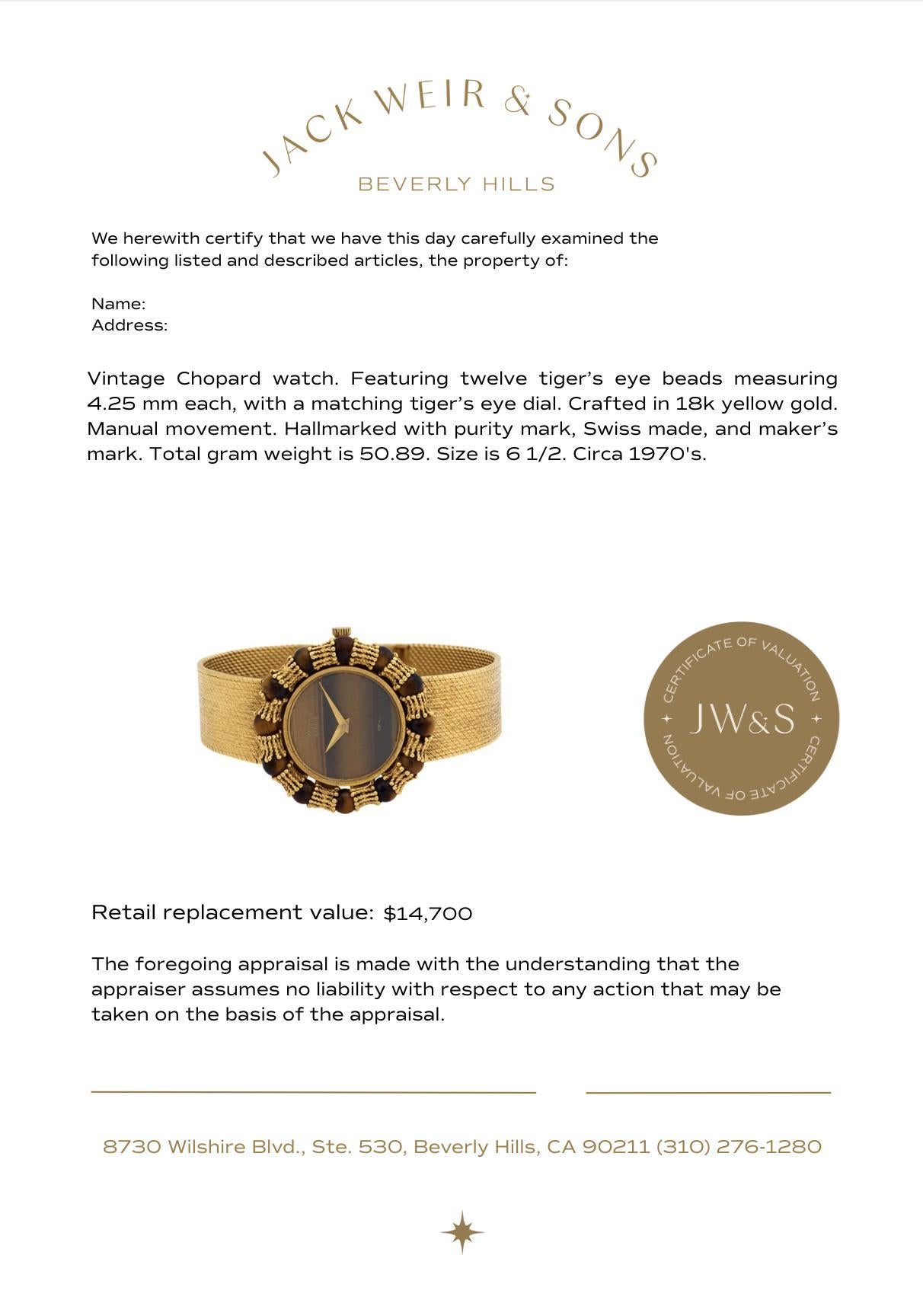 Montre Vintage Chopard œil de tigre en or jaune 18k Pour femmes en vente