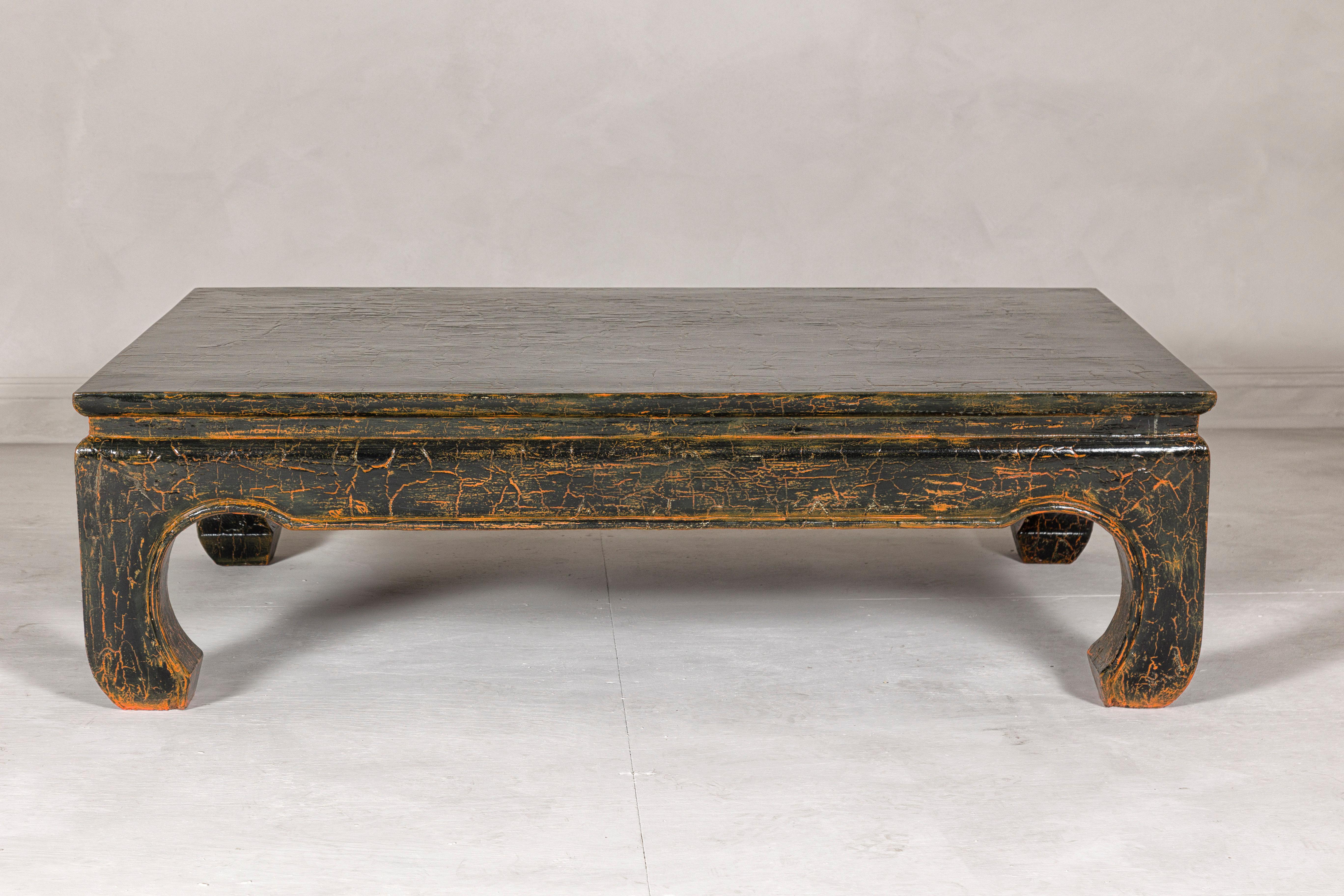 Vintage Chow Legs Distressed Black Coffee Table with Crackle Orange Finish For Sale 2