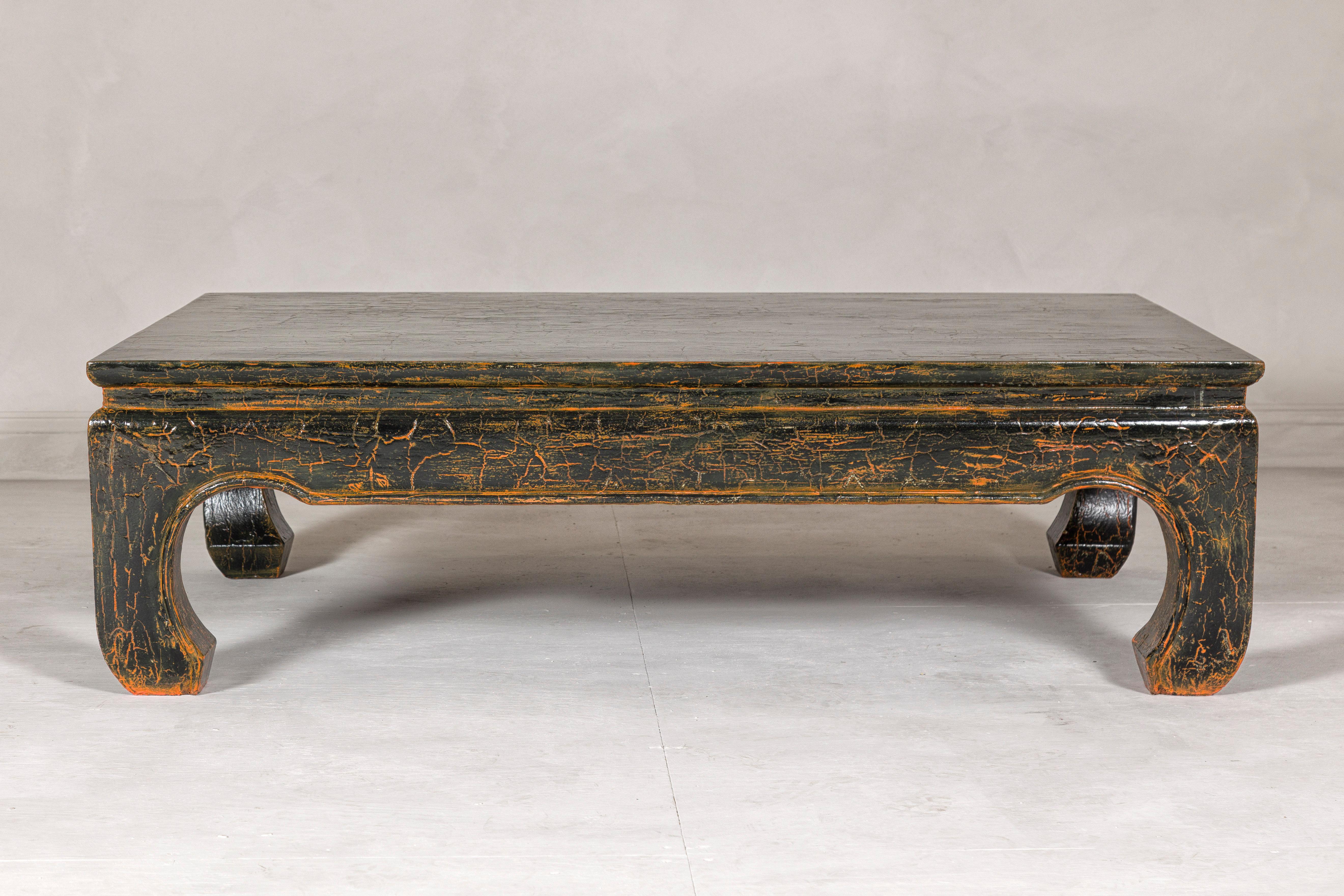 Vintage Chow Legs Distressed Black Coffee Table with Crackle Orange Finish For Sale 3