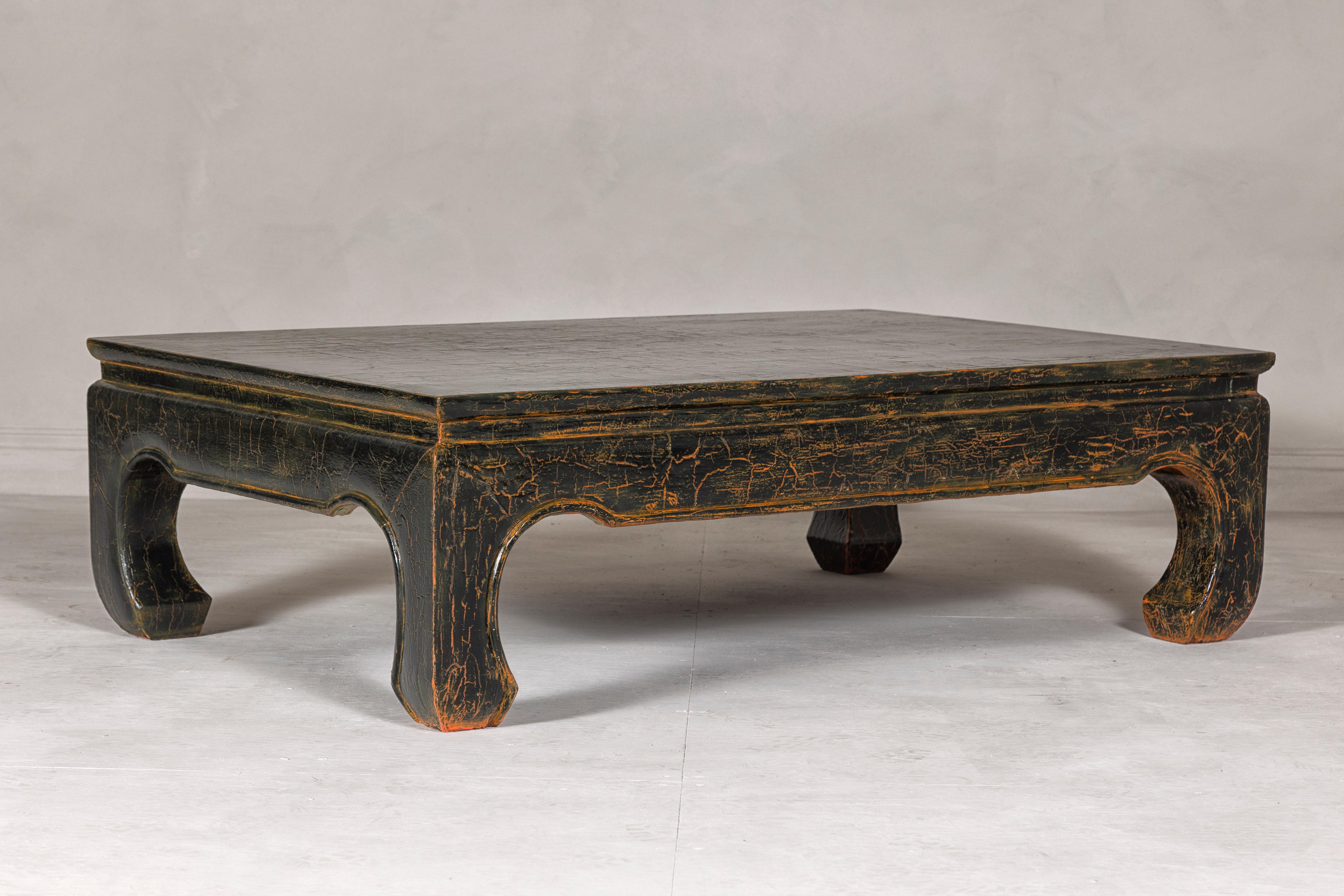 Vintage Chow Legs Distressed Black Coffee Table with Crackle Orange Finish For Sale 4