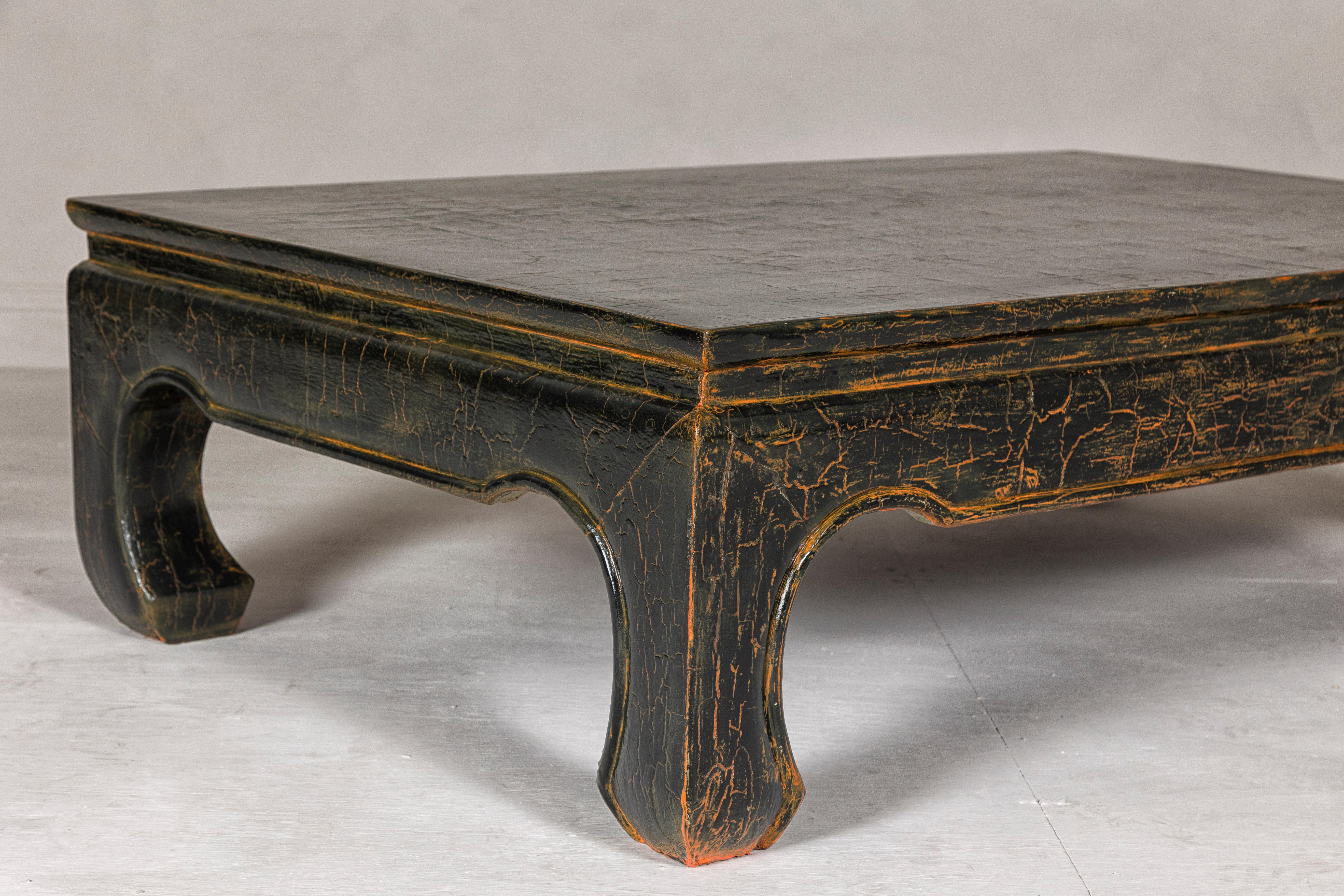 Vintage Chow Legs Distressed Black Coffee Table with Crackle Orange Finish For Sale 5