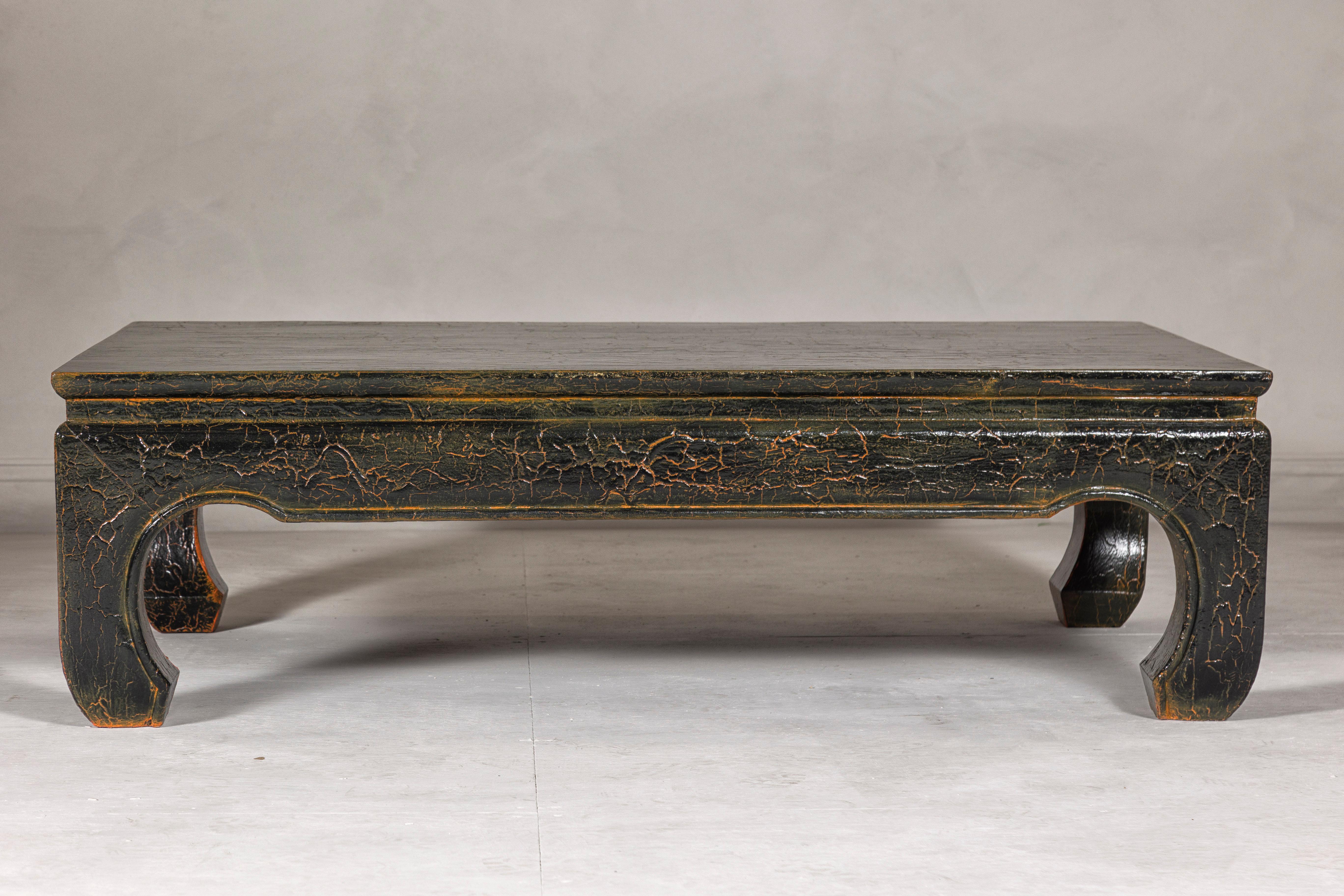 Vintage Chow Legs Distressed Black Coffee Table with Crackle Orange Finish For Sale 8