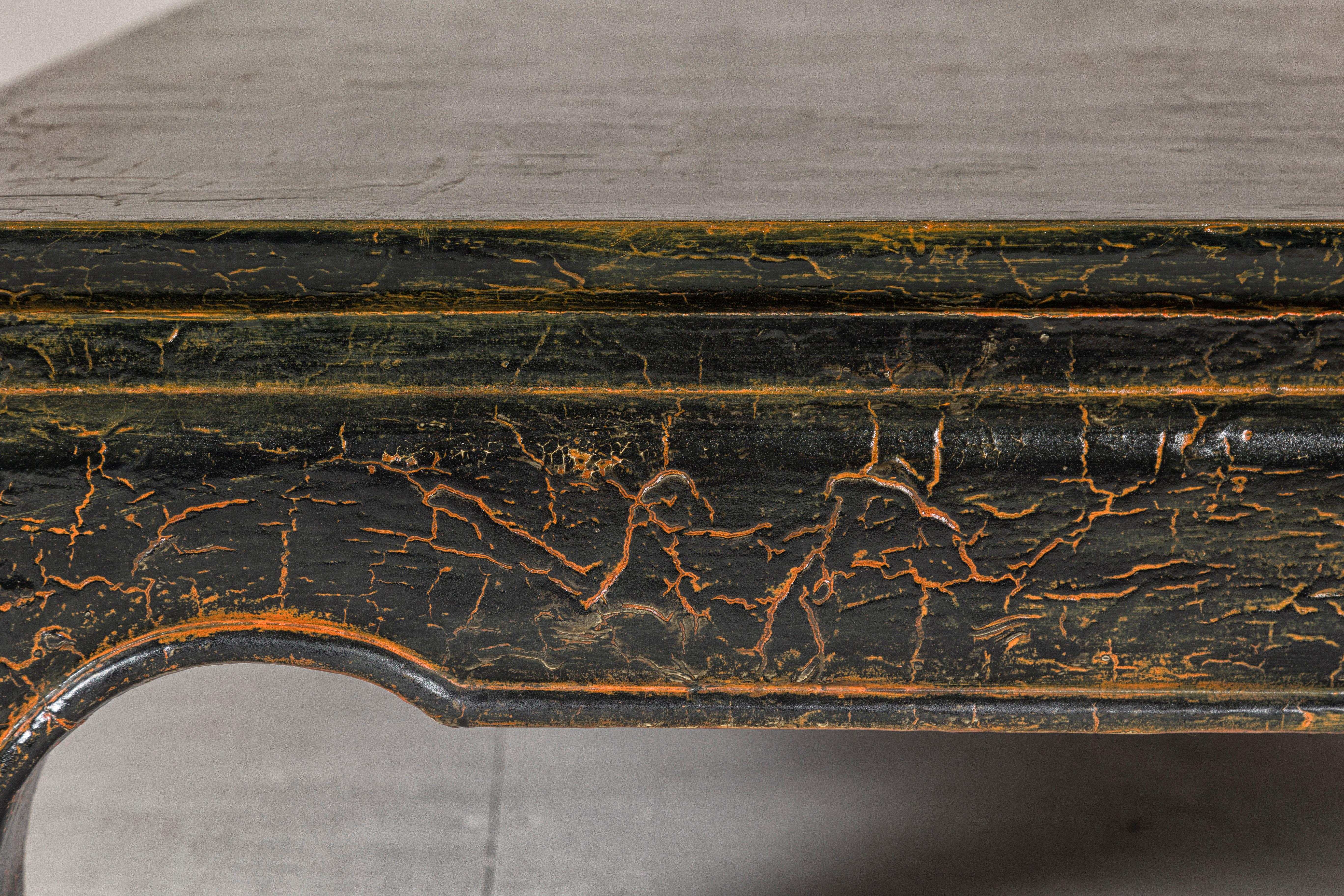 Vintage Chow Legs Distressed Black Coffee Table with Crackle Orange Finish For Sale 10