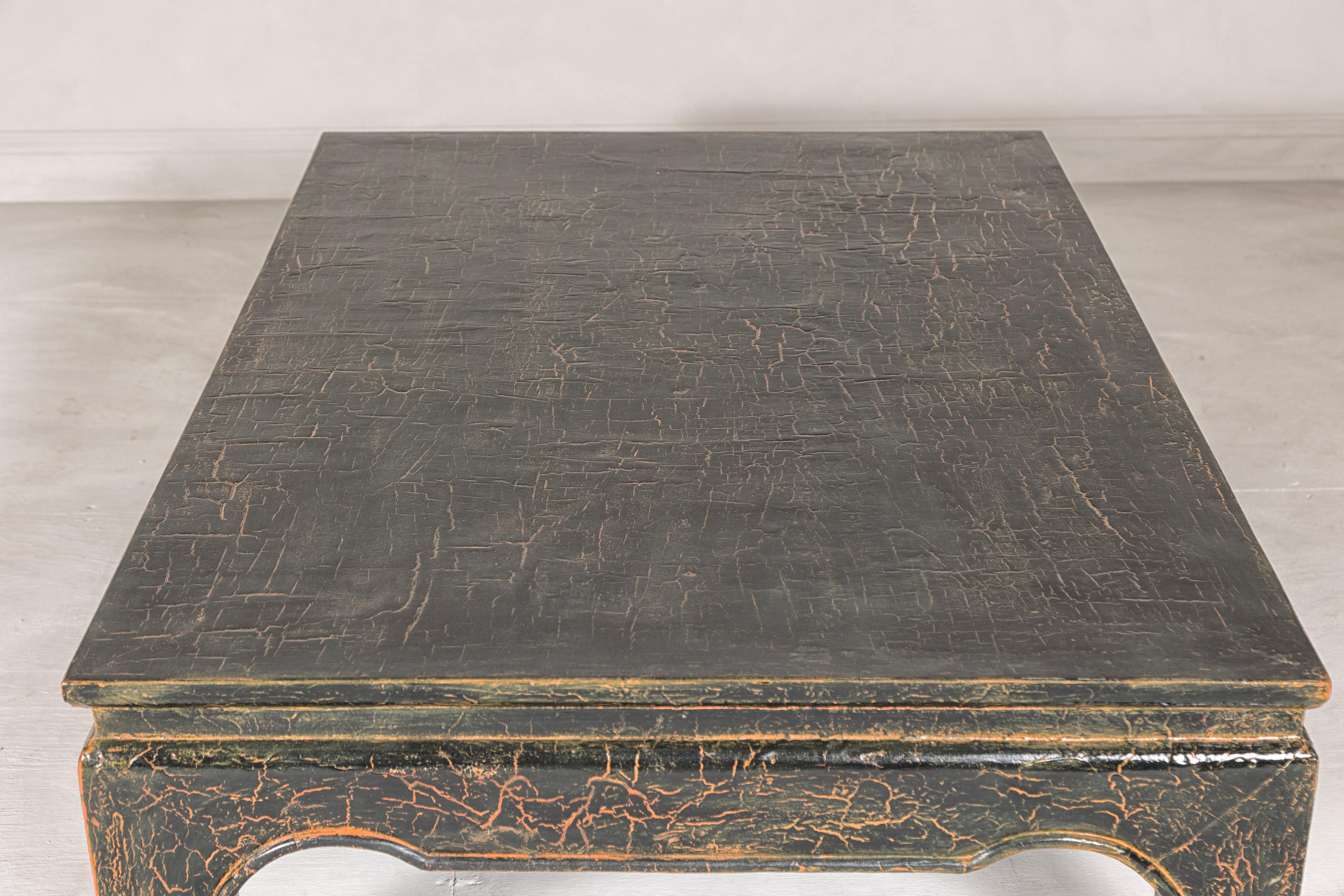 Vintage Chow Legs Distressed Black Coffee Table with Crackle Orange Finish For Sale 11