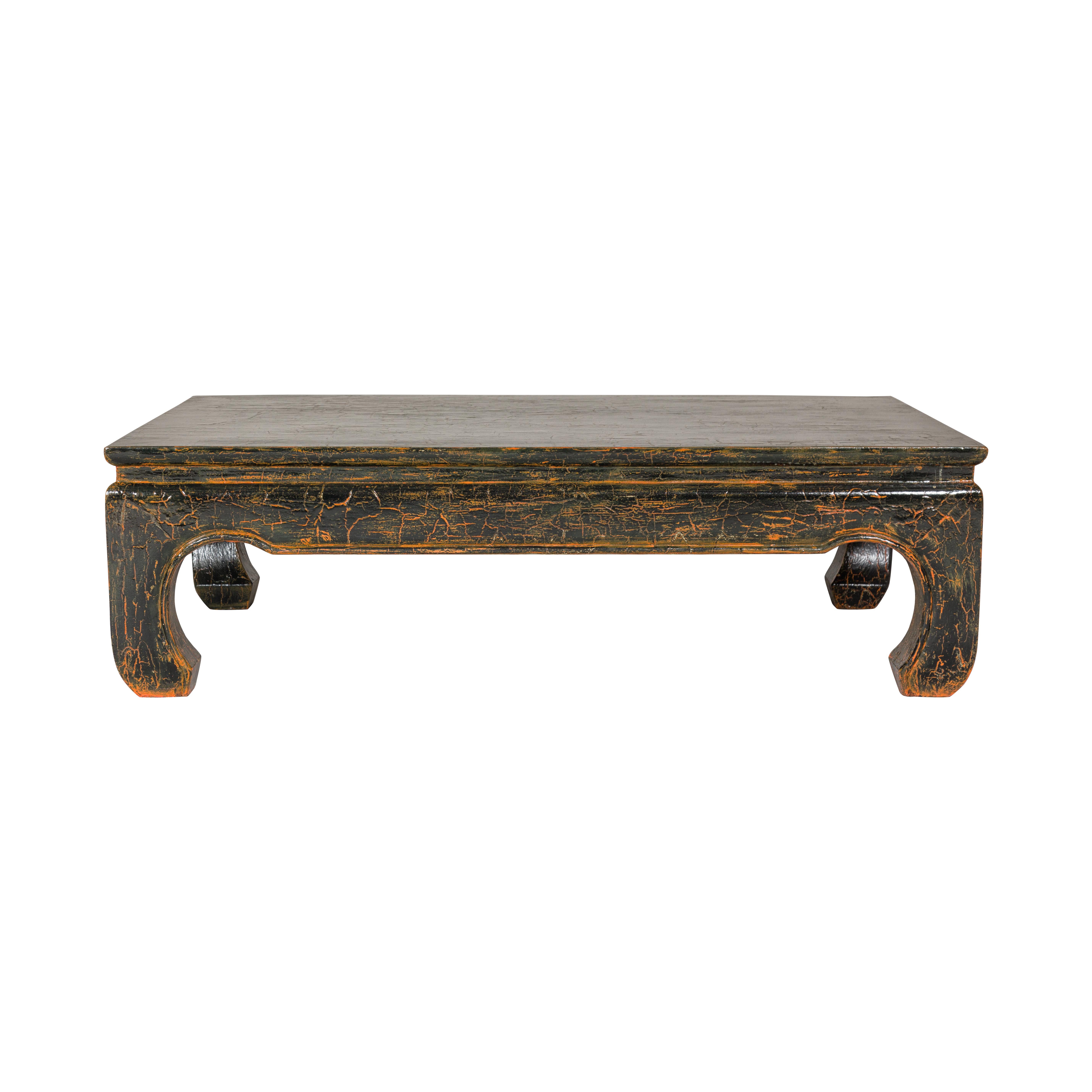 Vintage Chow Legs Distressed Black Coffee Table with Crackle Orange Finish For Sale 12