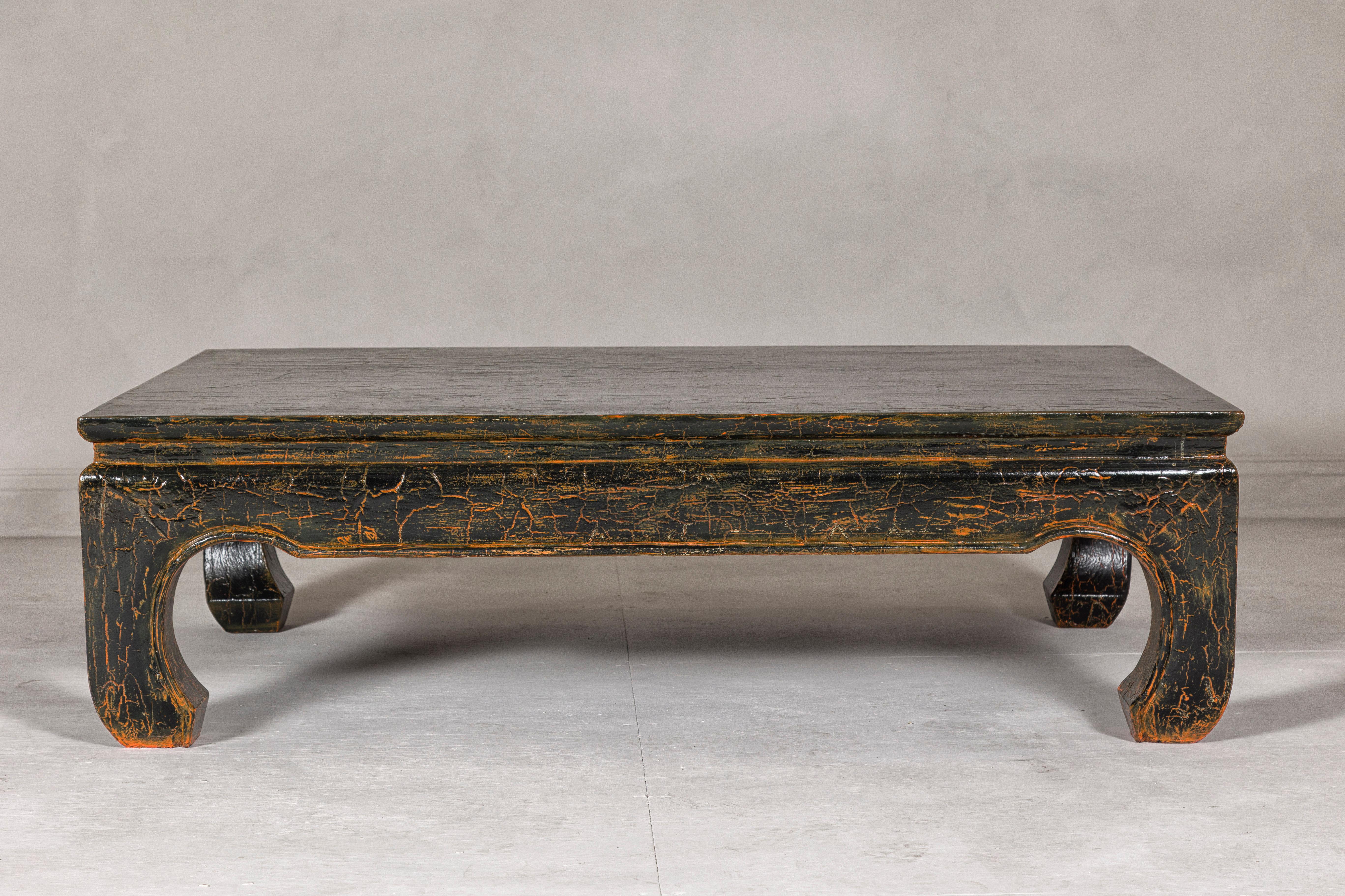 Ming Vintage Chow Legs Distressed Black Coffee Table with Crackle Orange Finish For Sale