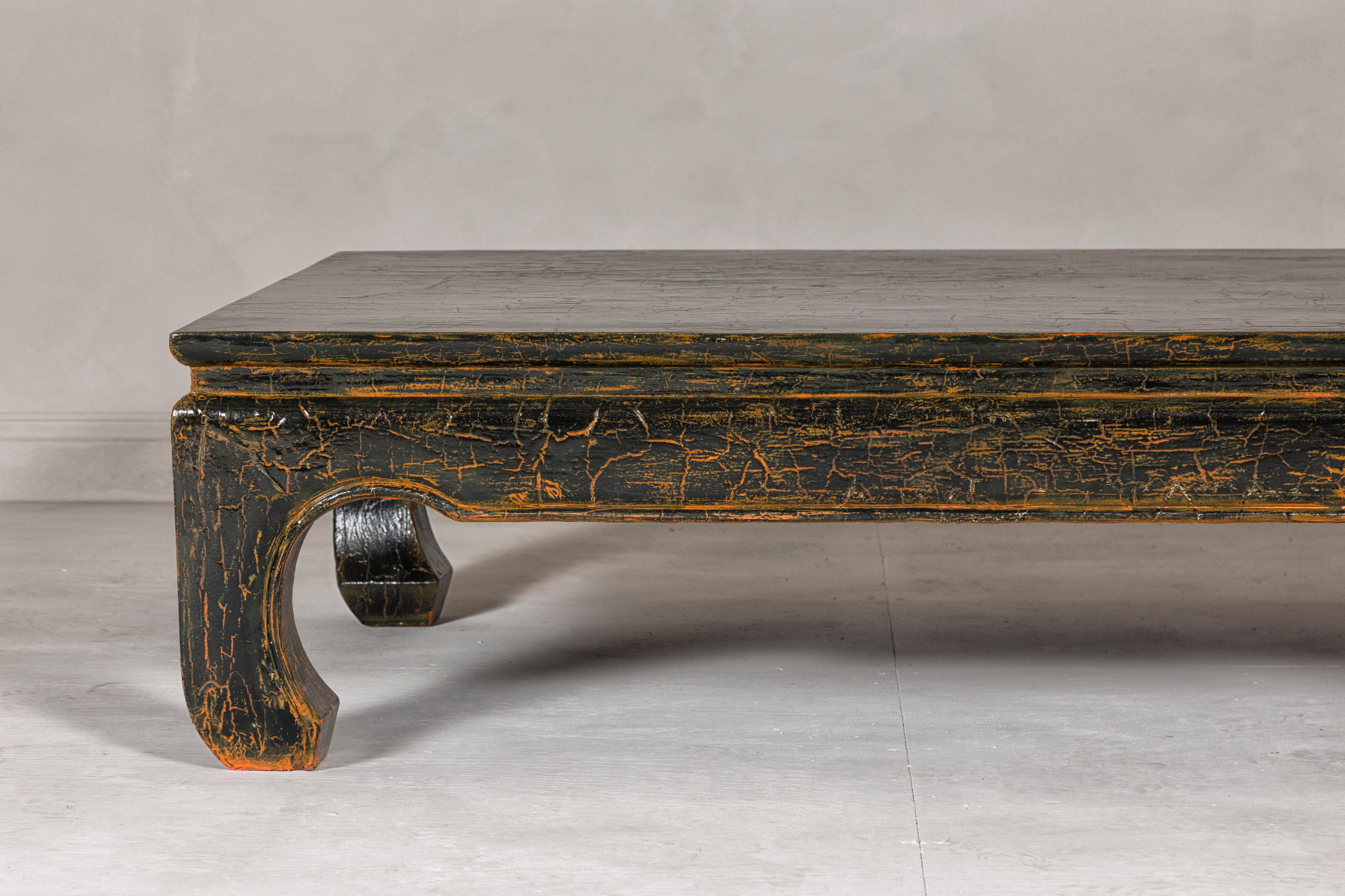 Chinese Vintage Chow Legs Distressed Black Coffee Table with Crackle Orange Finish For Sale