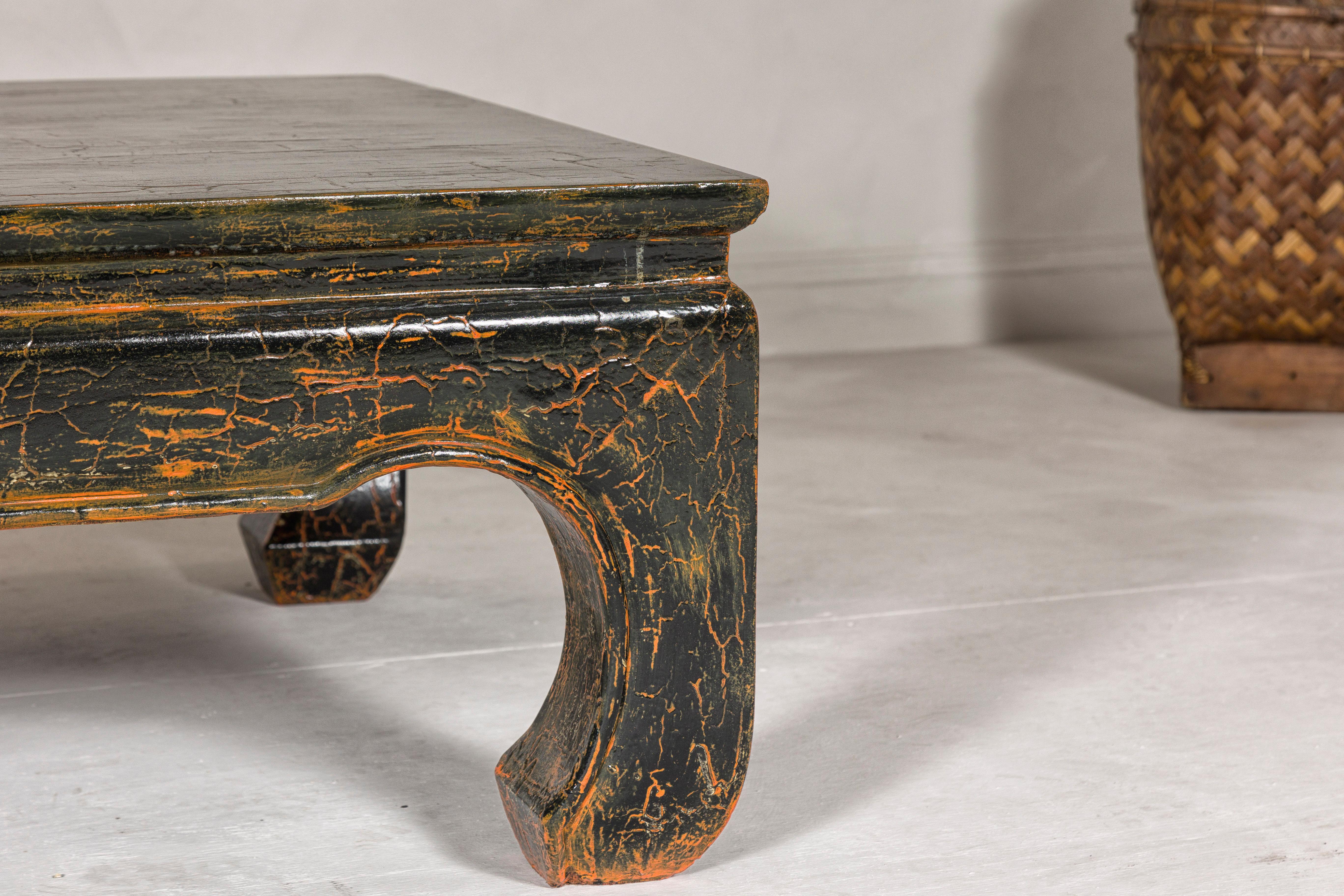 Lacquered Vintage Chow Legs Distressed Black Coffee Table with Crackle Orange Finish For Sale