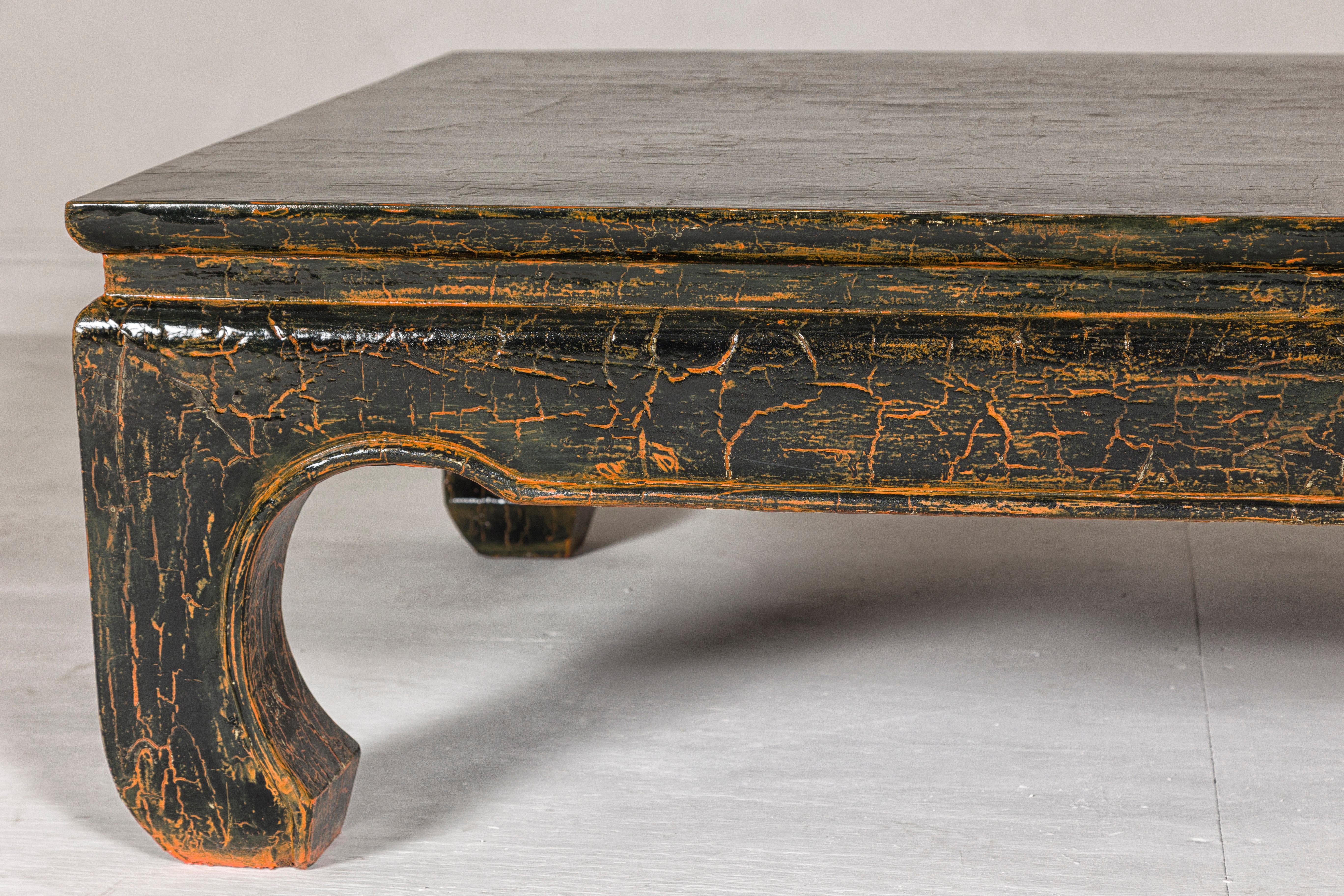 Vintage Chow Legs Distressed Black Coffee Table with Crackle Orange Finish In Good Condition For Sale In Yonkers, NY