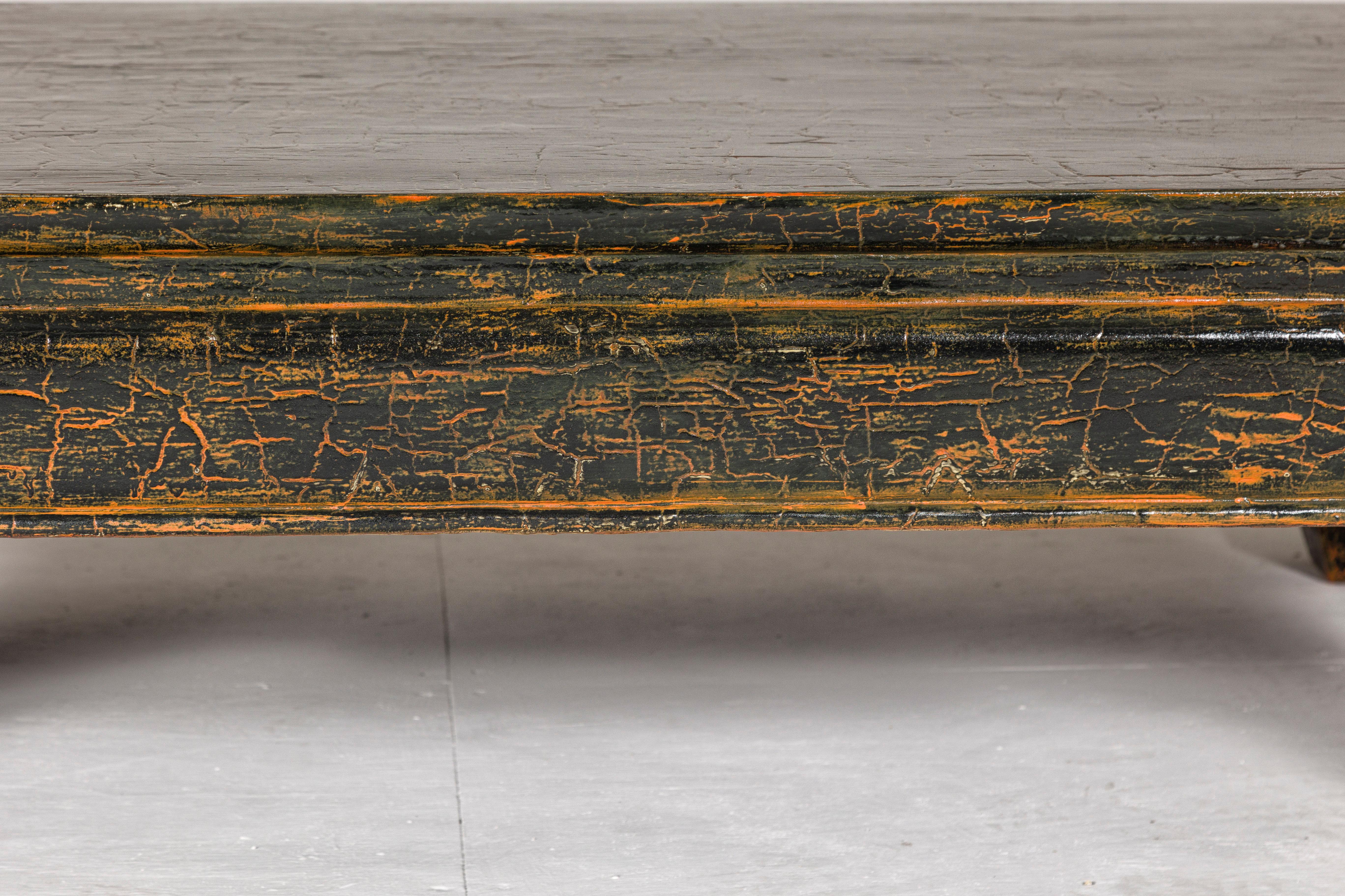 20th Century Vintage Chow Legs Distressed Black Coffee Table with Crackle Orange Finish For Sale