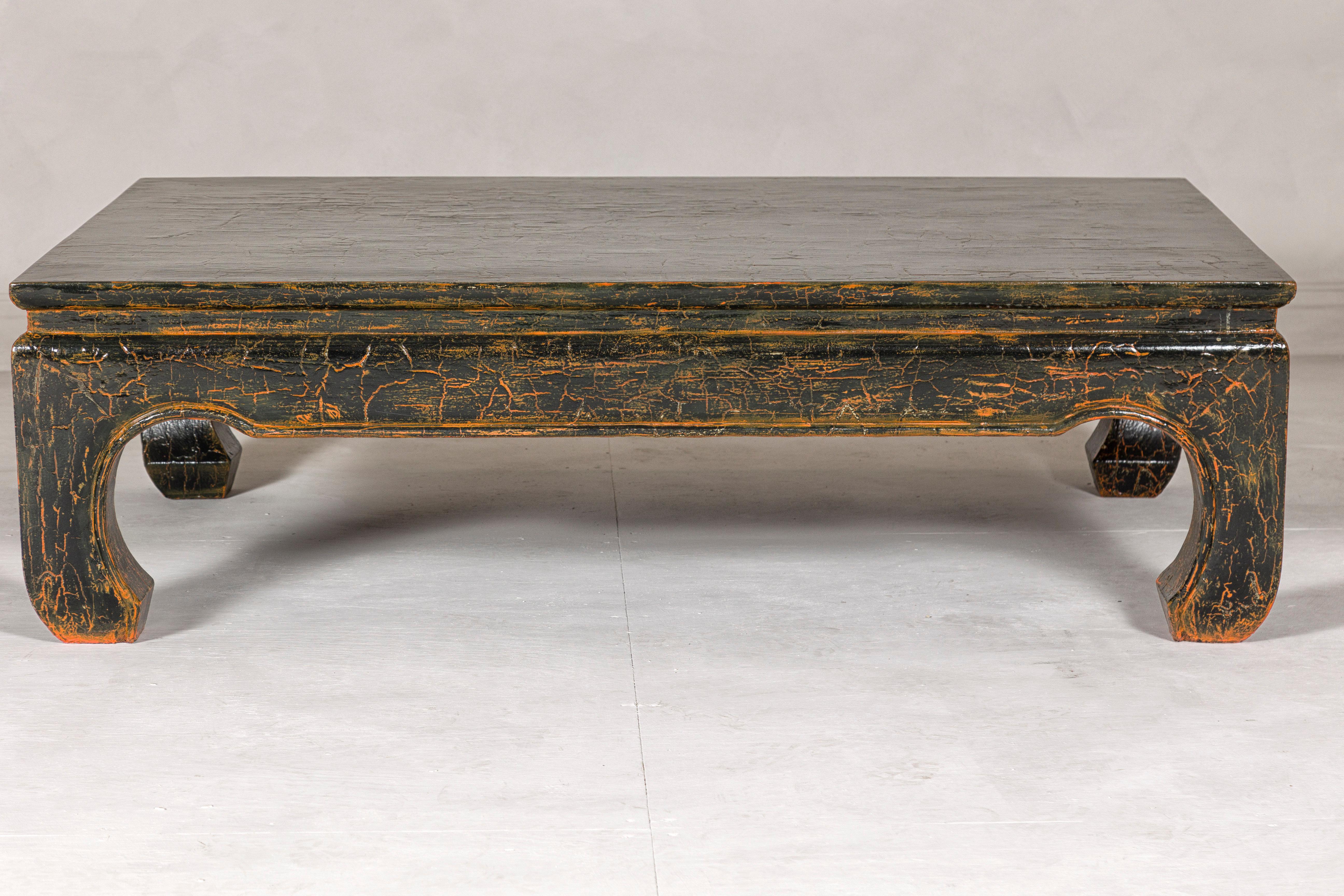 Wood Vintage Chow Legs Distressed Black Coffee Table with Crackle Orange Finish For Sale