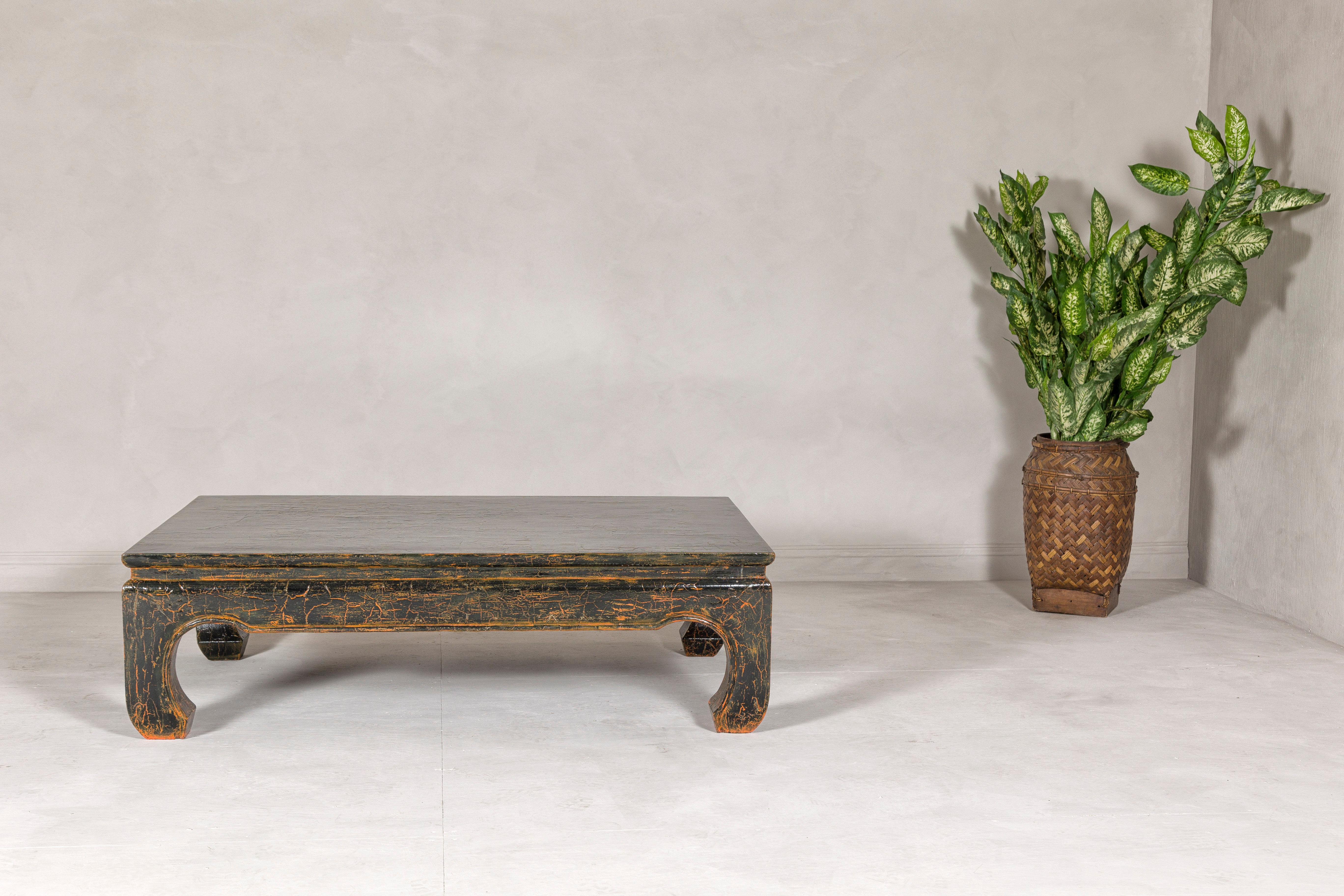 Vintage Chow Legs Distressed Black Coffee Table with Crackle Orange Finish For Sale 1